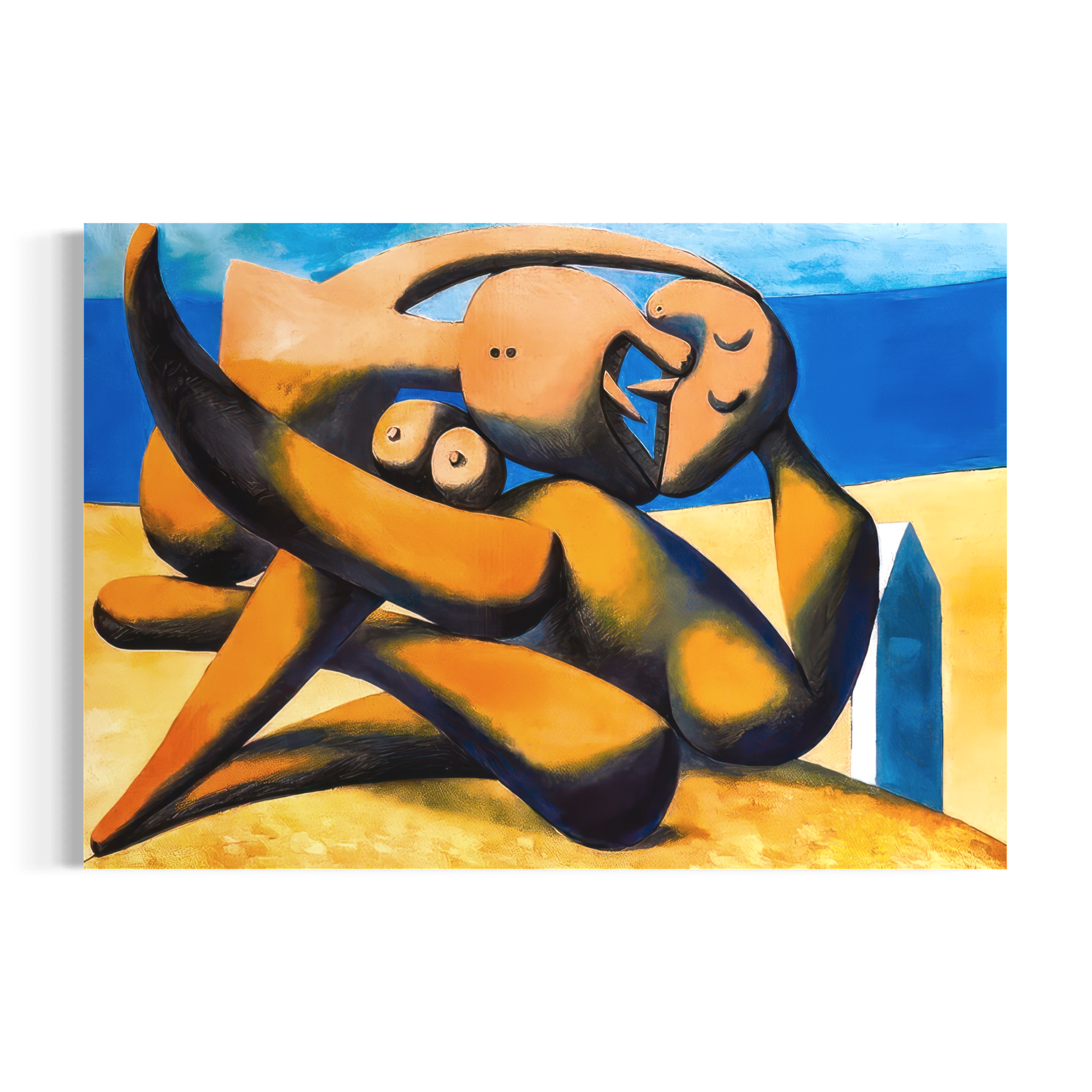 The image is an abstract painting featuring a surreal, surrealistic scene with two figures in a dynamic pose against a blue sky background.