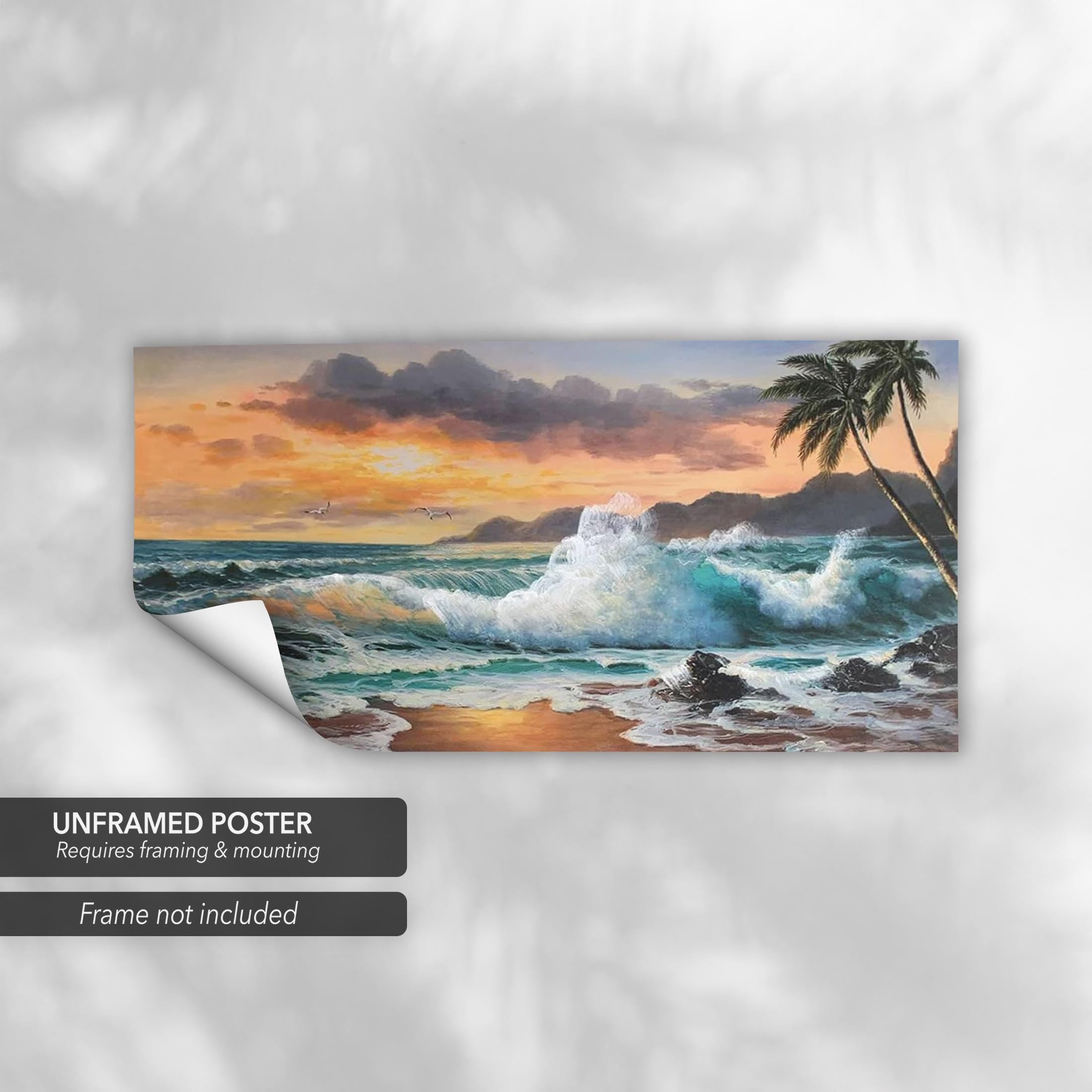 Tropical Ocean Sunset Waves, Palm Trees & Seascape Canvas Art | Poster Print