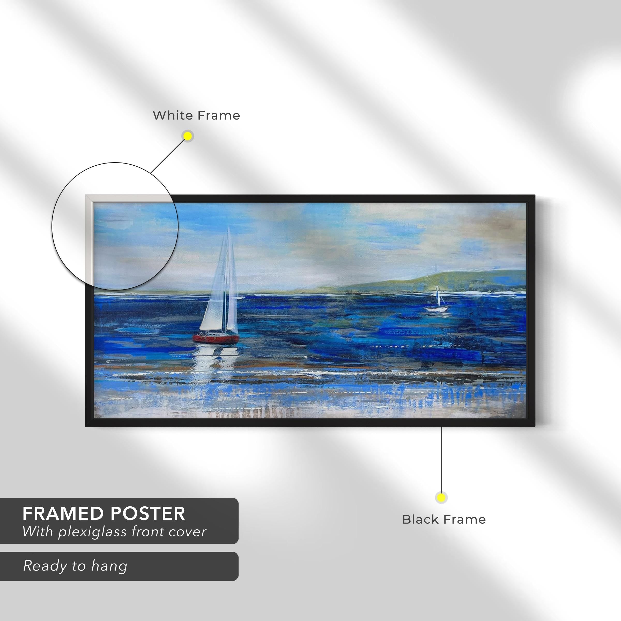 Blue Abstract Seascape | Textured Ocean & Sailboats Canvas Art | Poster Print