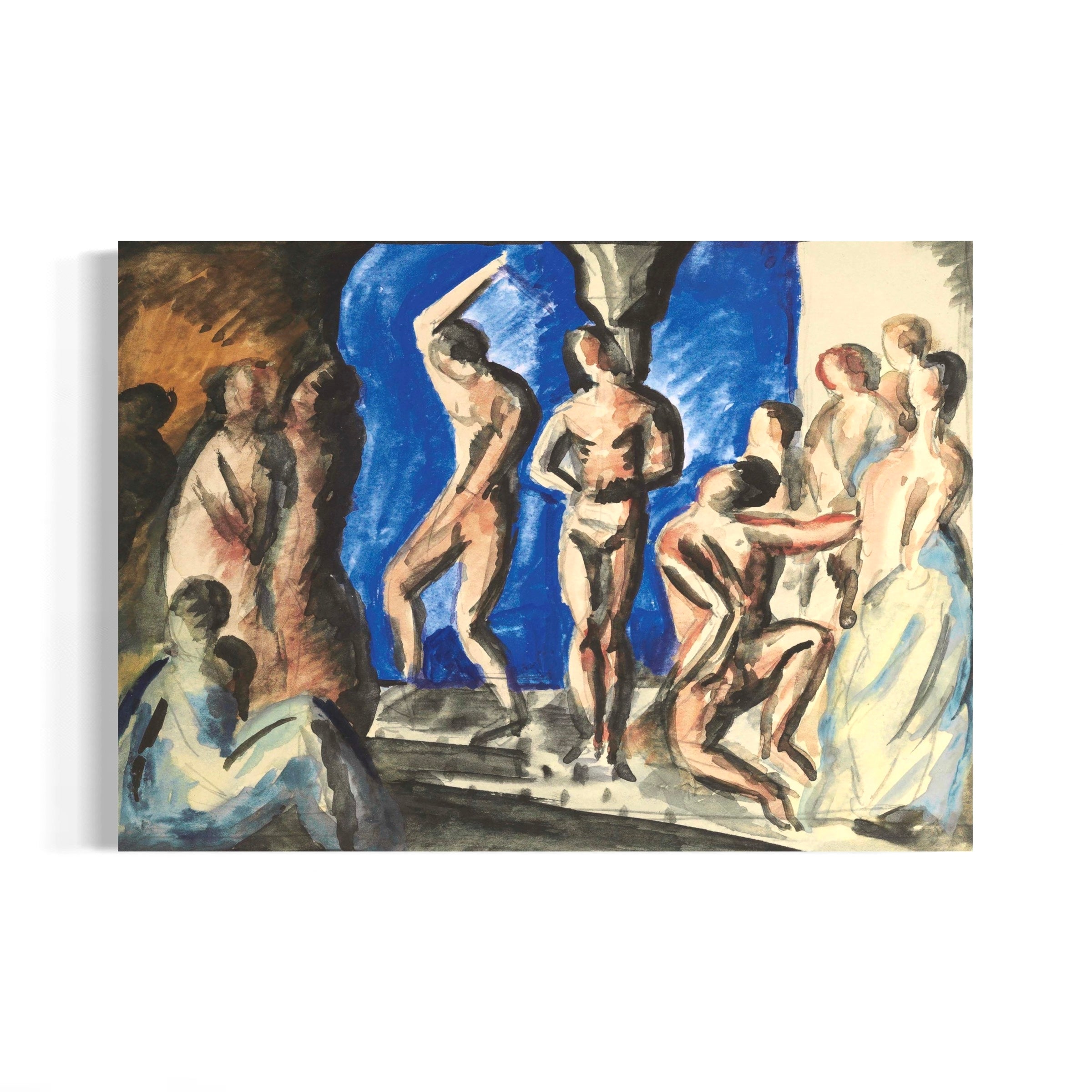 The image is an abstract painting featuring a group of nude figures in various poses and expressions, set against a blue background.