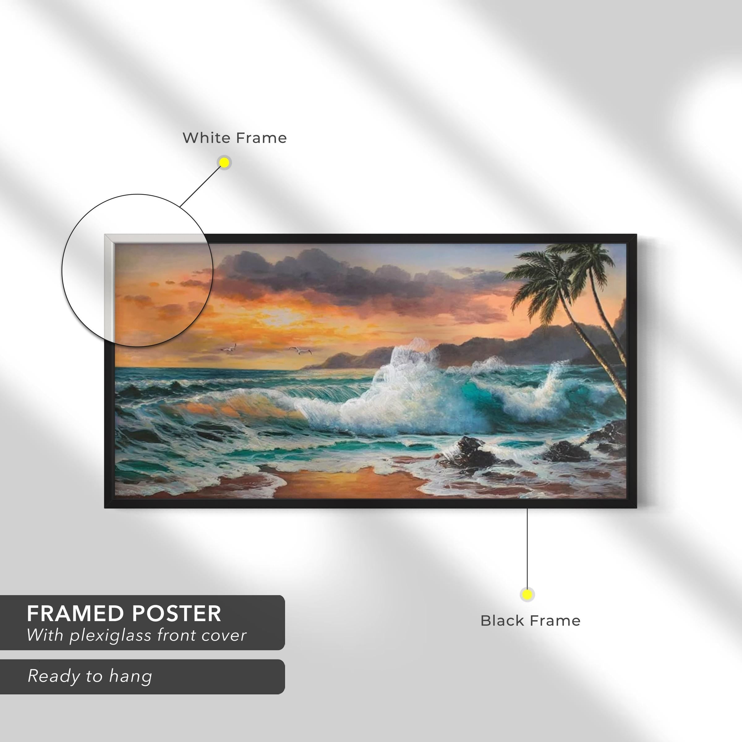 Tropical Ocean Sunset Waves, Palm Trees & Seascape Canvas Art | Poster Print