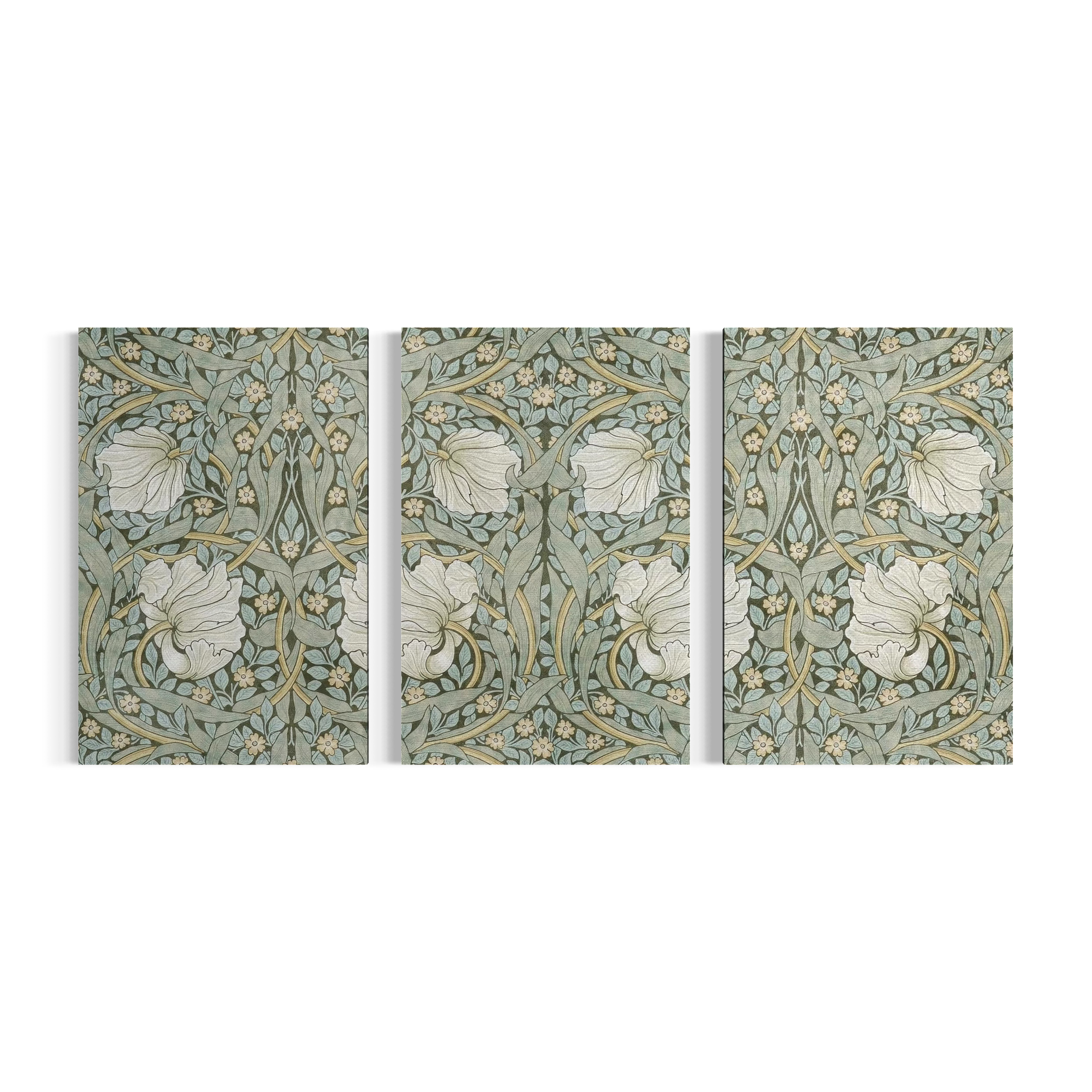 The image is a triptych of three identical floral patterns, each with a white flower and green leaves. The patterns are arranged in a row, creating a harmonious and visually appealing design.