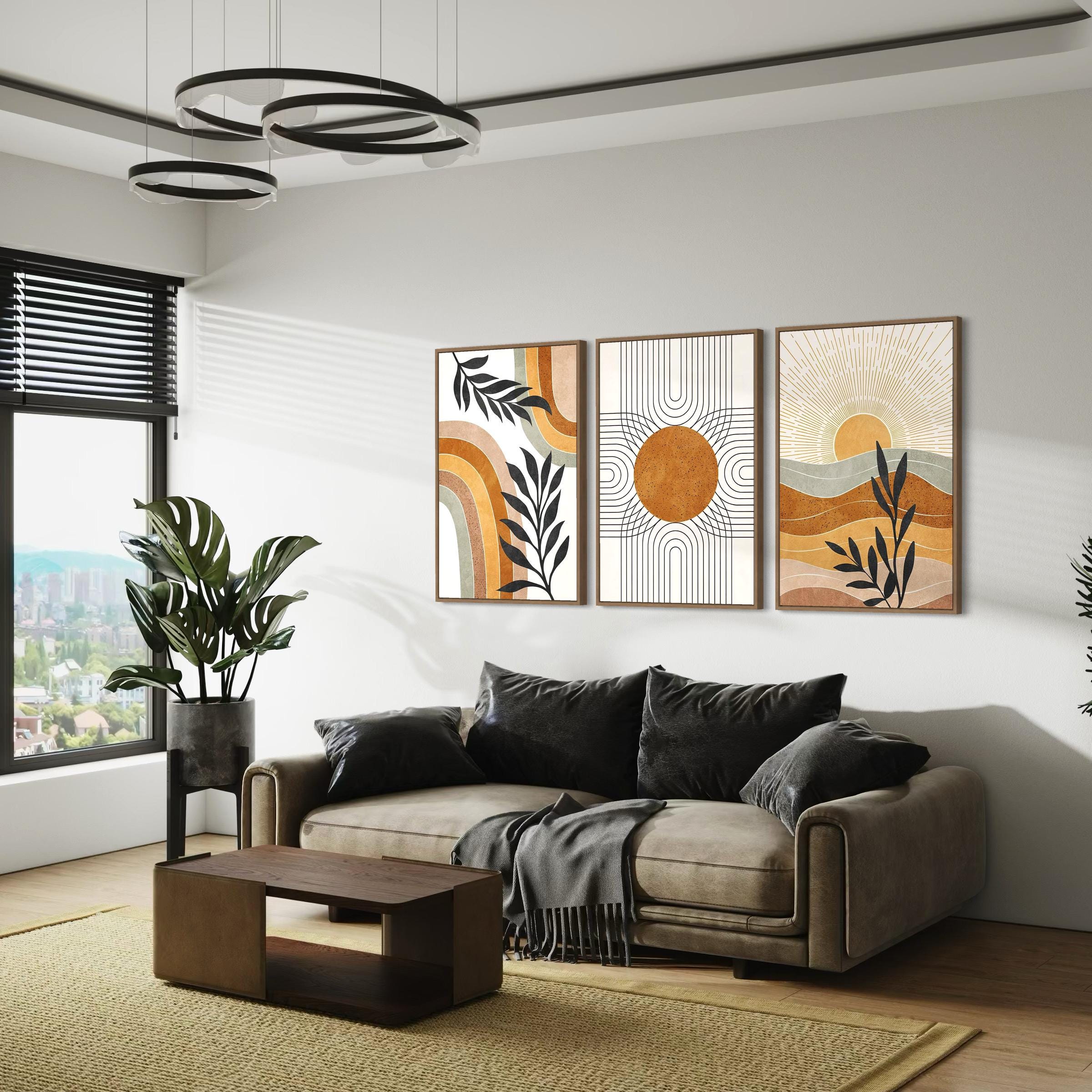 Poster Wall Art Set of 3 Prints | Geometric Sun Desert Plants Canvas | Mid Century Modern Boho