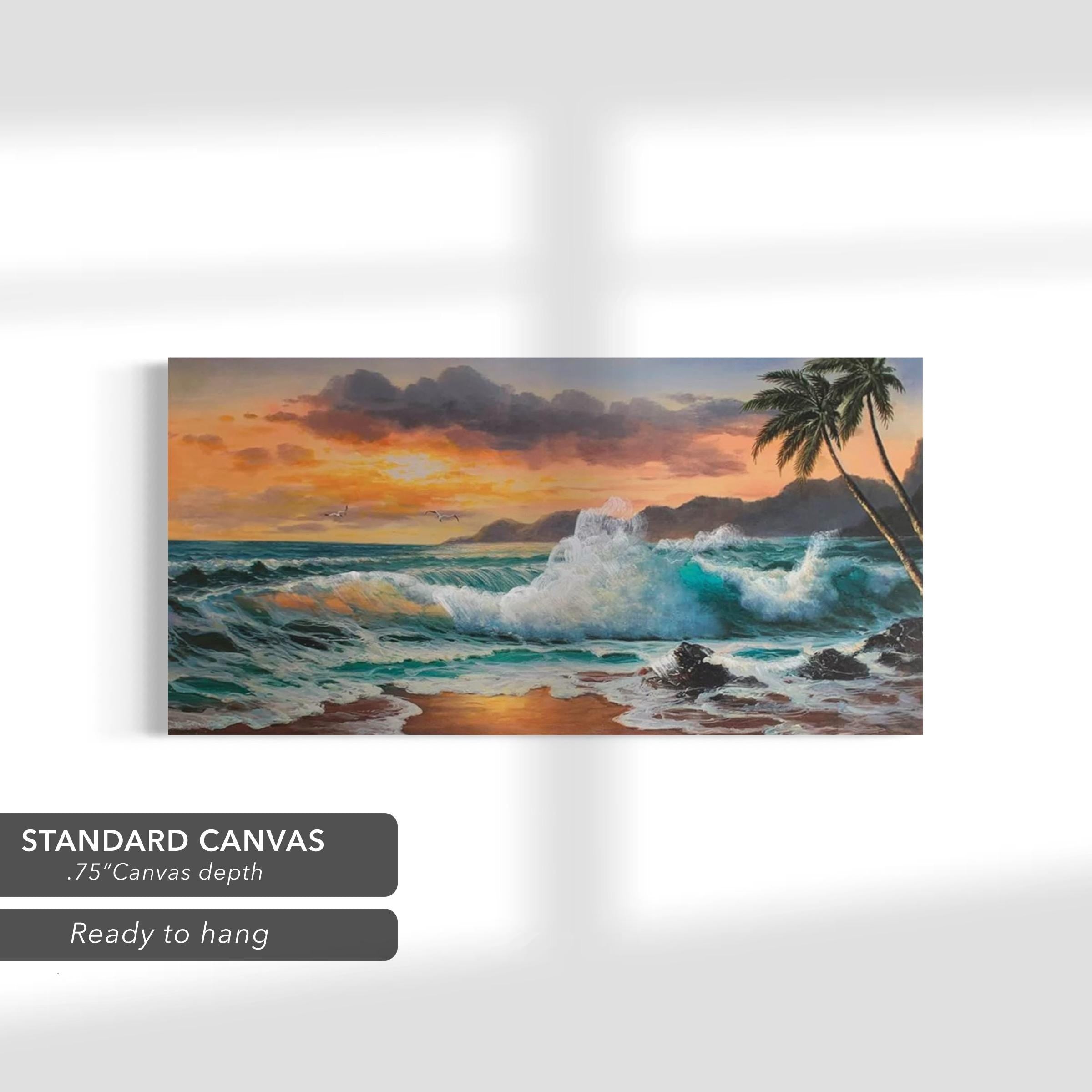 Tropical Ocean Sunset Waves, Palm Trees & Seascape Canvas Art | Poster Print