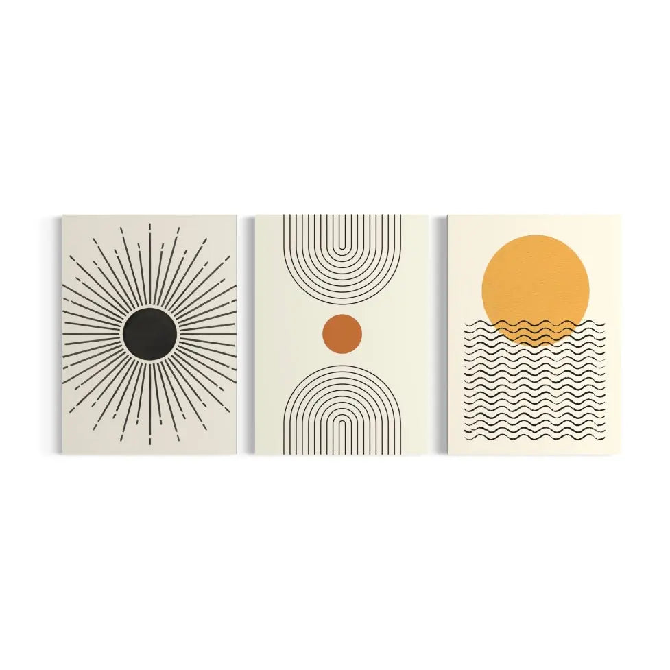 three paintings of different shapes and sizes on a wall