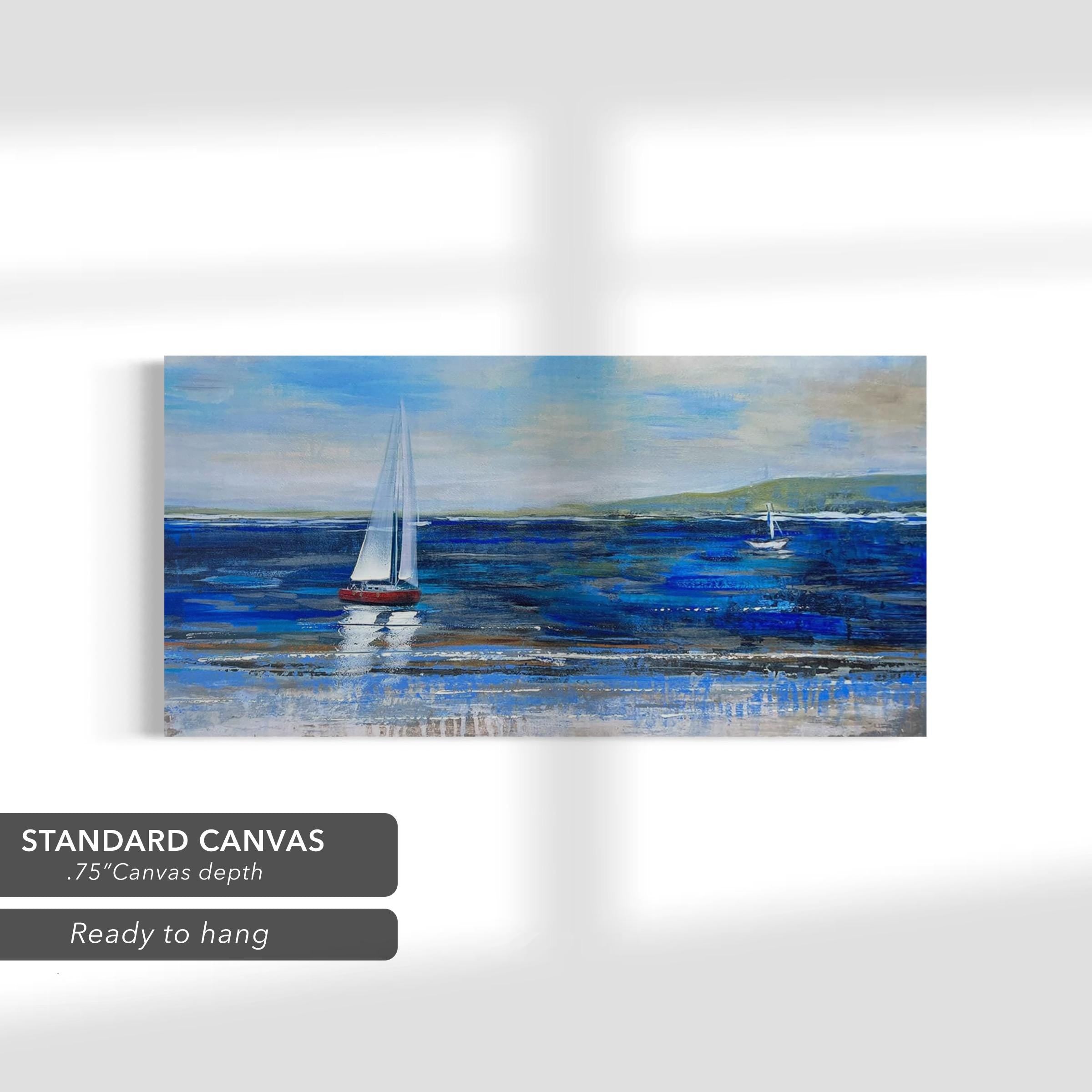 Blue Abstract Seascape | Textured Ocean & Sailboats Canvas Art | Poster Print