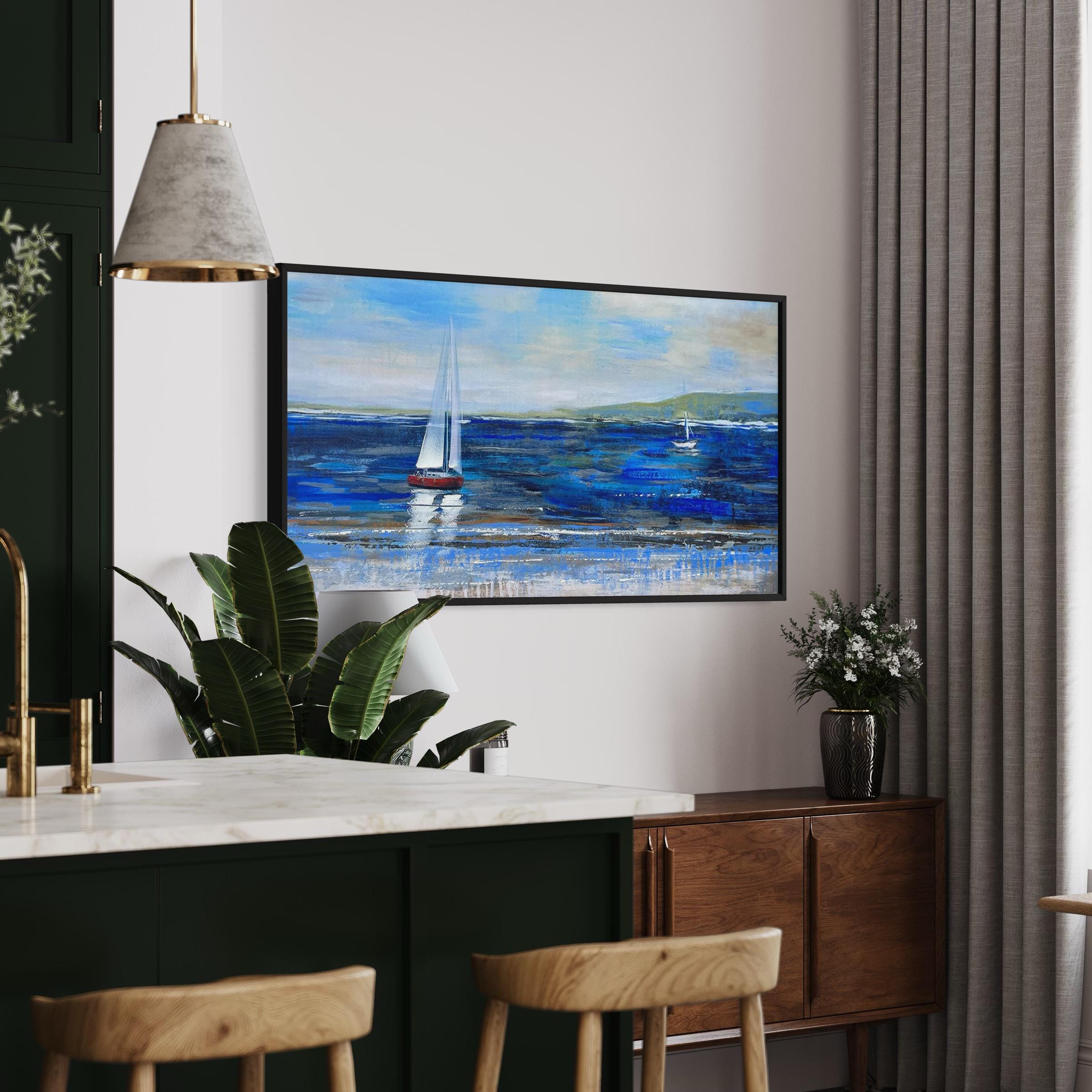 Blue Abstract Seascape | Textured Ocean & Sailboats Canvas Art | Poster Print