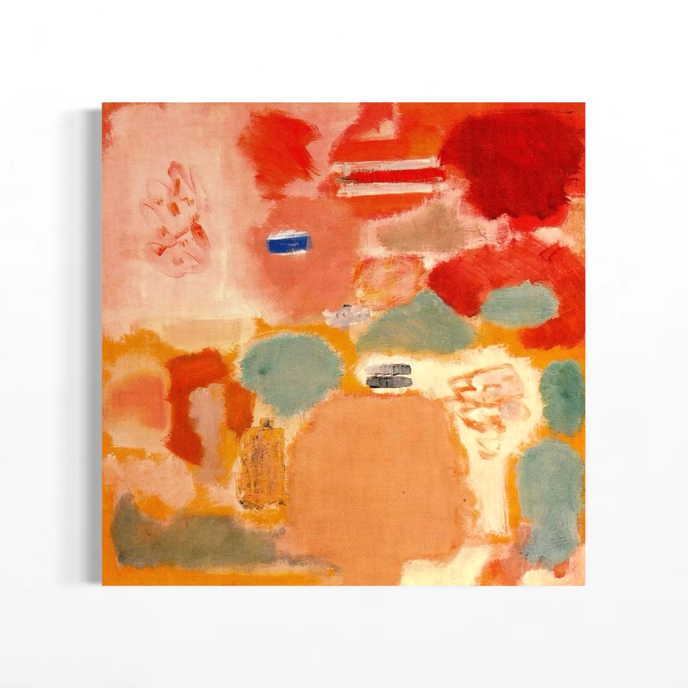 The image is an abstract painting with a variety of colors and shapes, including red, orange, yellow, green, blue, and white.