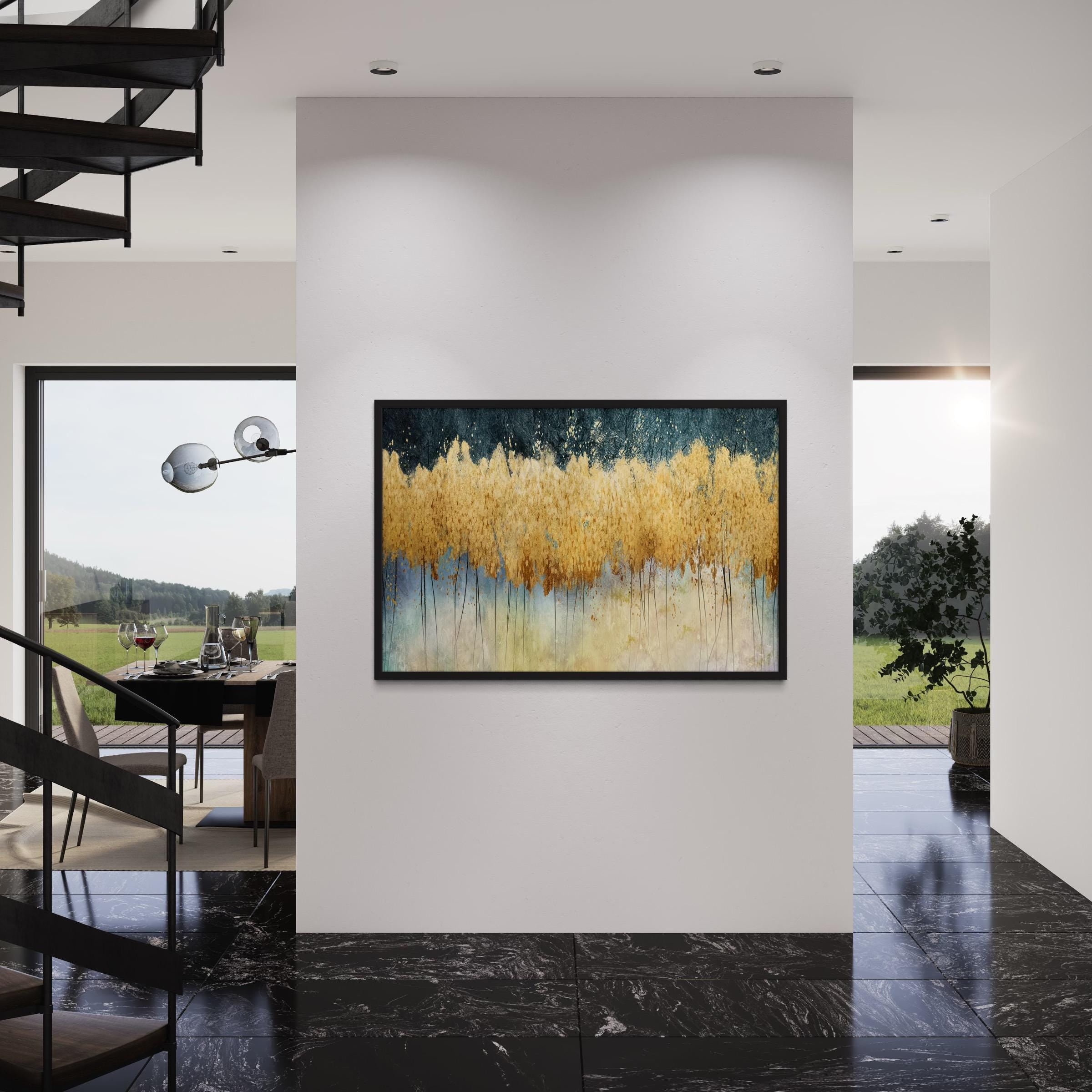 Golden Forest Abstract Landscape Painting | Teal and Gold Canvas Art | Poster Print