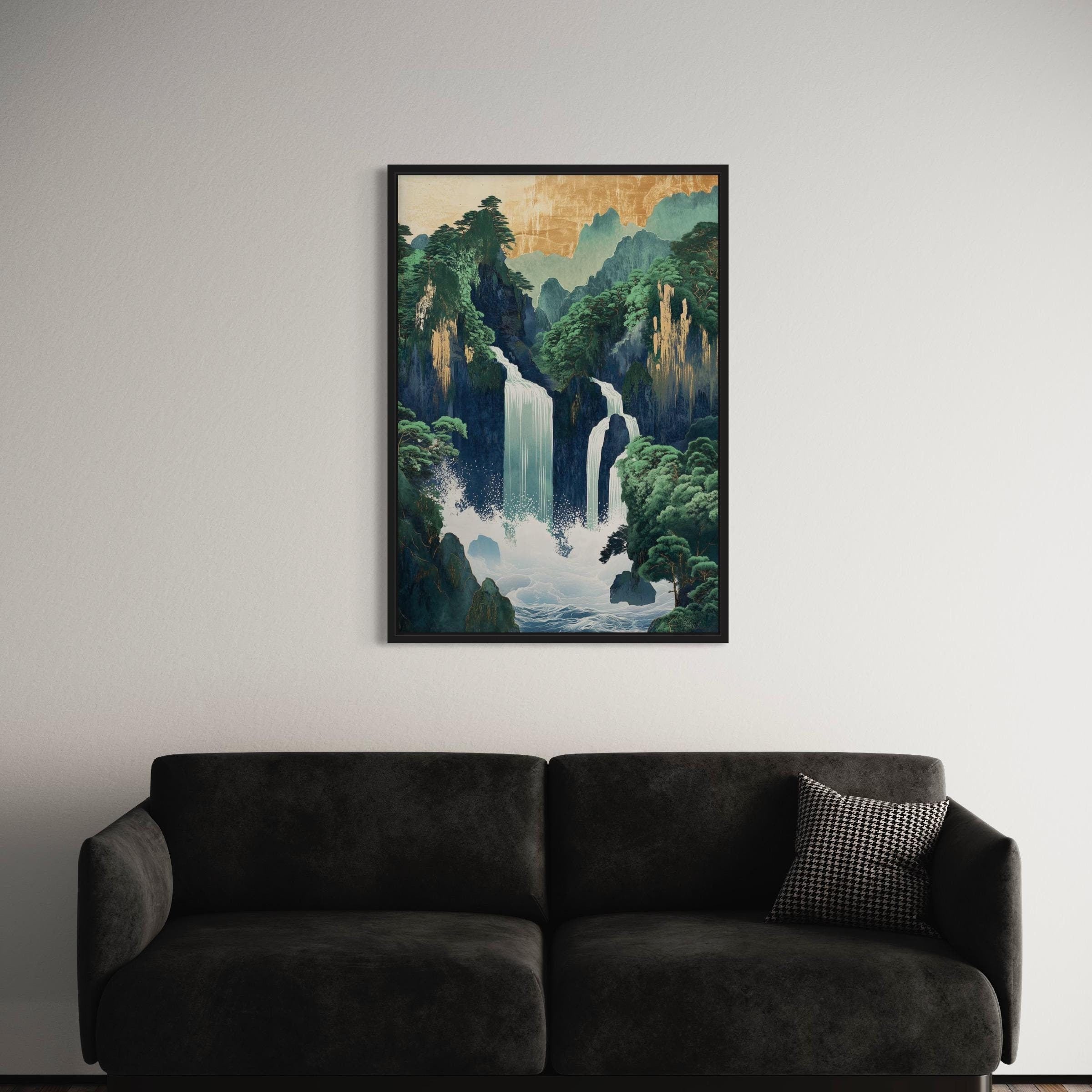Hokusai Japanese Waterfall | Ukiyo-e Landscape | Green Japanese Canvas Art | Poster Print