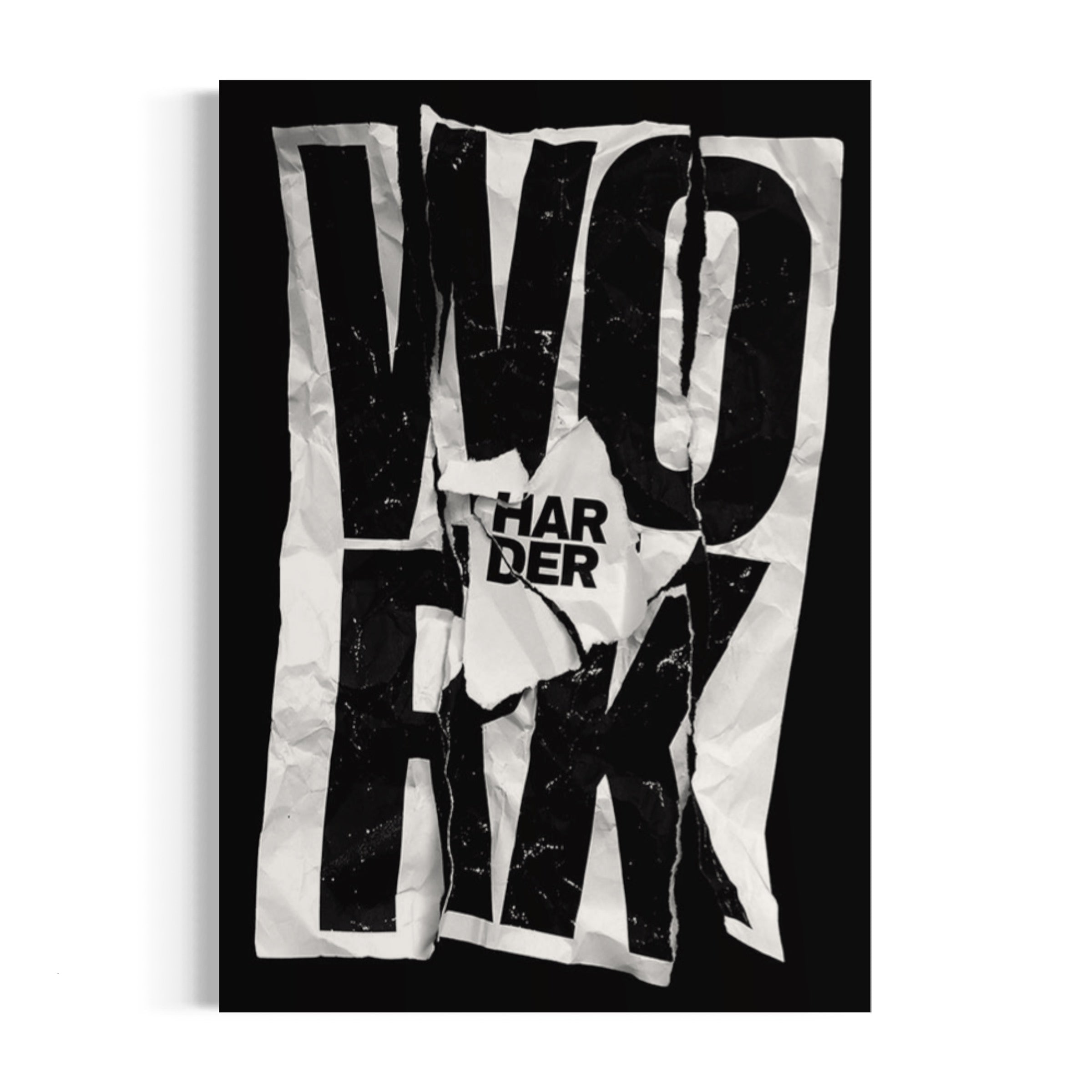 a black and white poster with a torn piece of paper