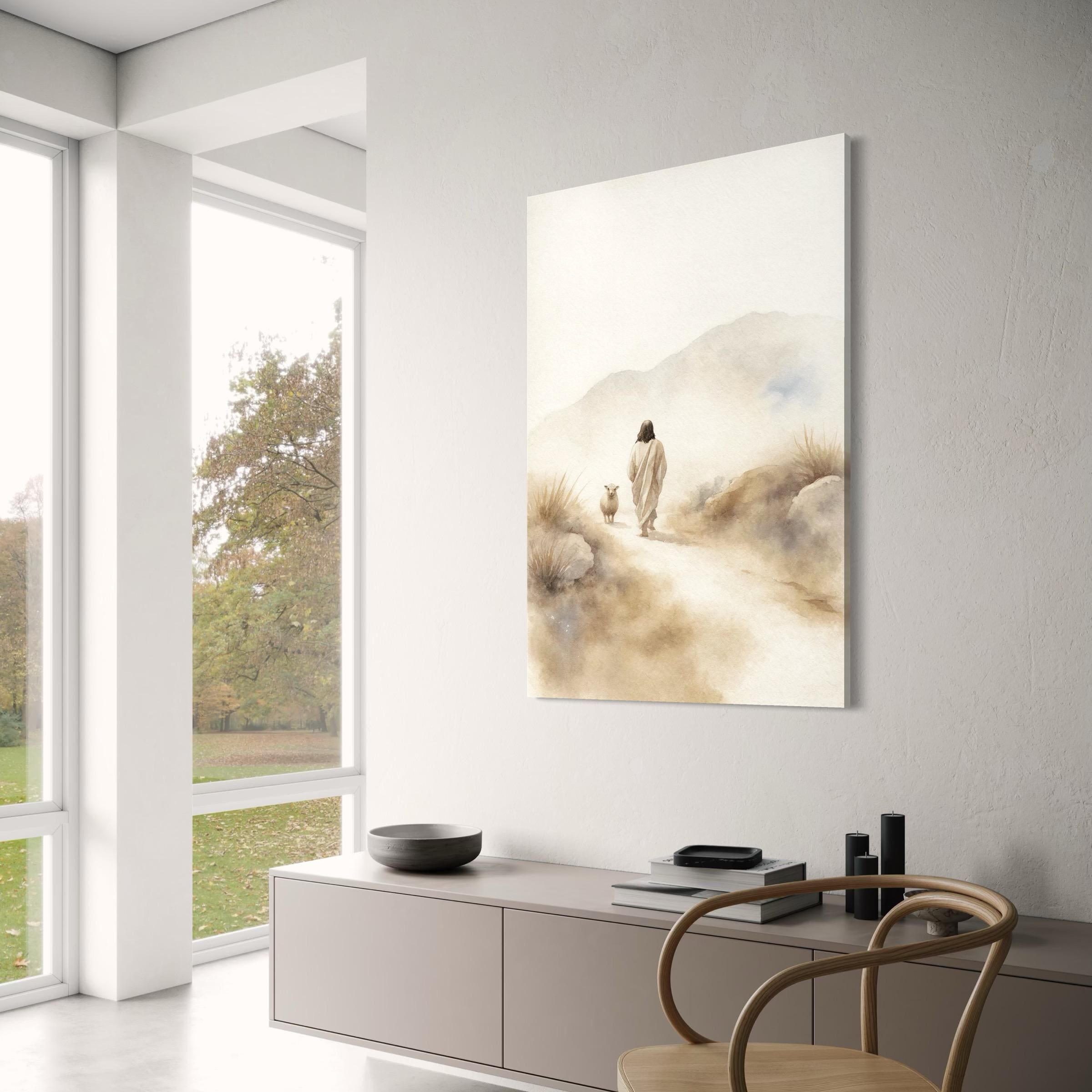 Jesus & Sheep Wall Art Canvas | Minimalist Christian Poster Print | Pastoral Abstract Landscape