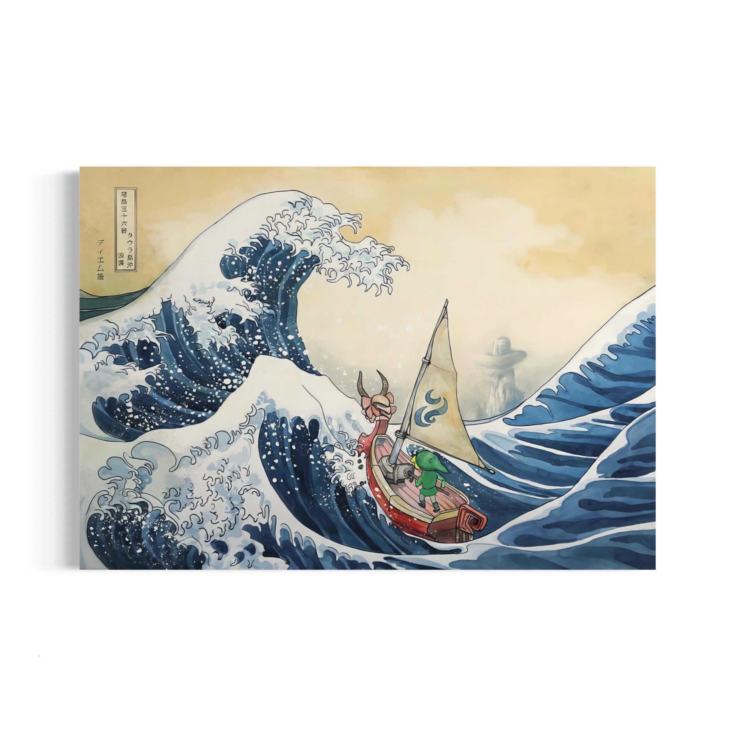 a painting of a man in a boat on a wave