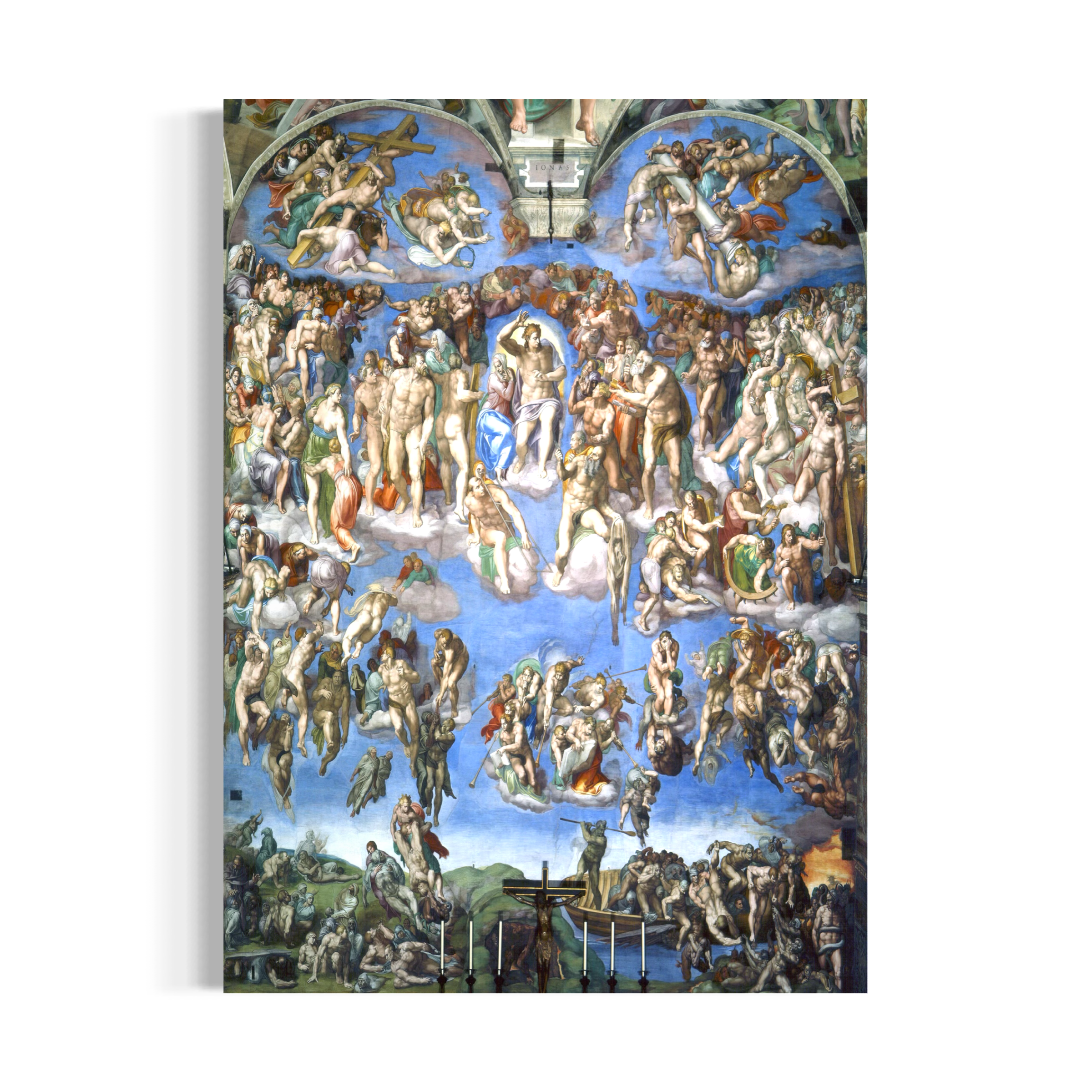 The image is a large, colorful painting depicting a scene of various figures and scenes, including angels, saints, and other religious figures, set against a blue sky with clouds.