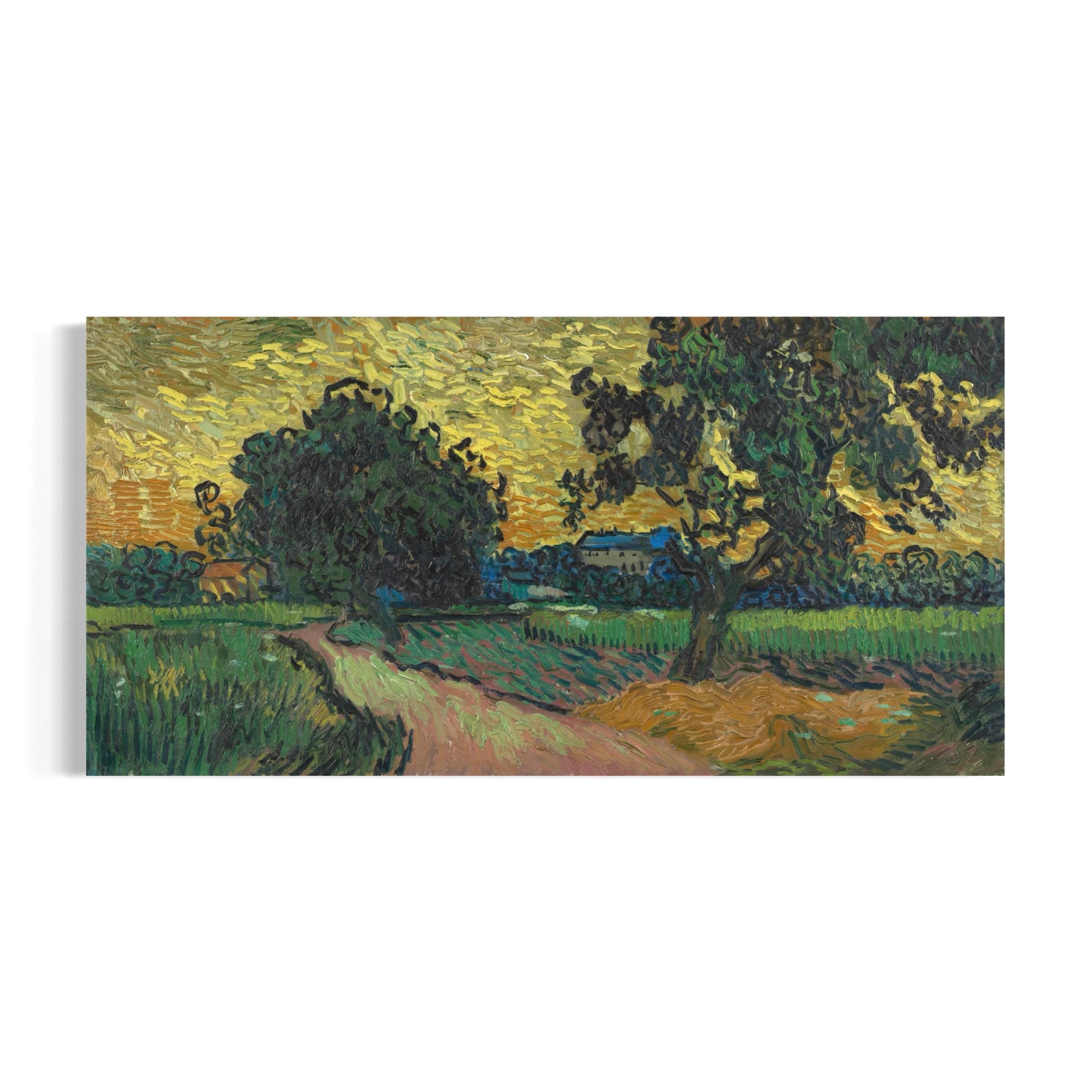 The image is an impressionist painting depicting a rural landscape with a winding path, trees, and a house in the distance.