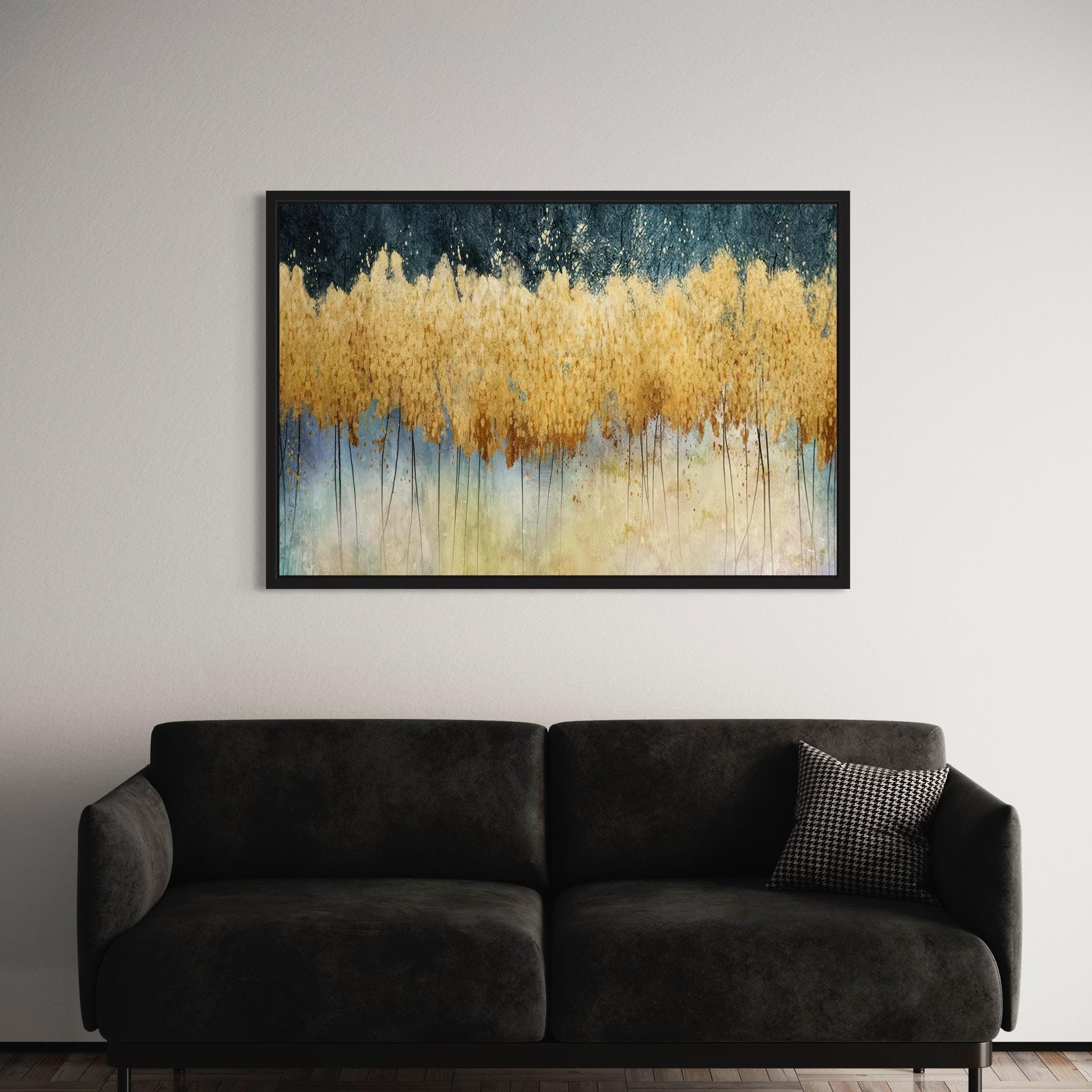 Golden Forest Abstract Landscape Painting | Teal and Gold Canvas Art | Poster Print