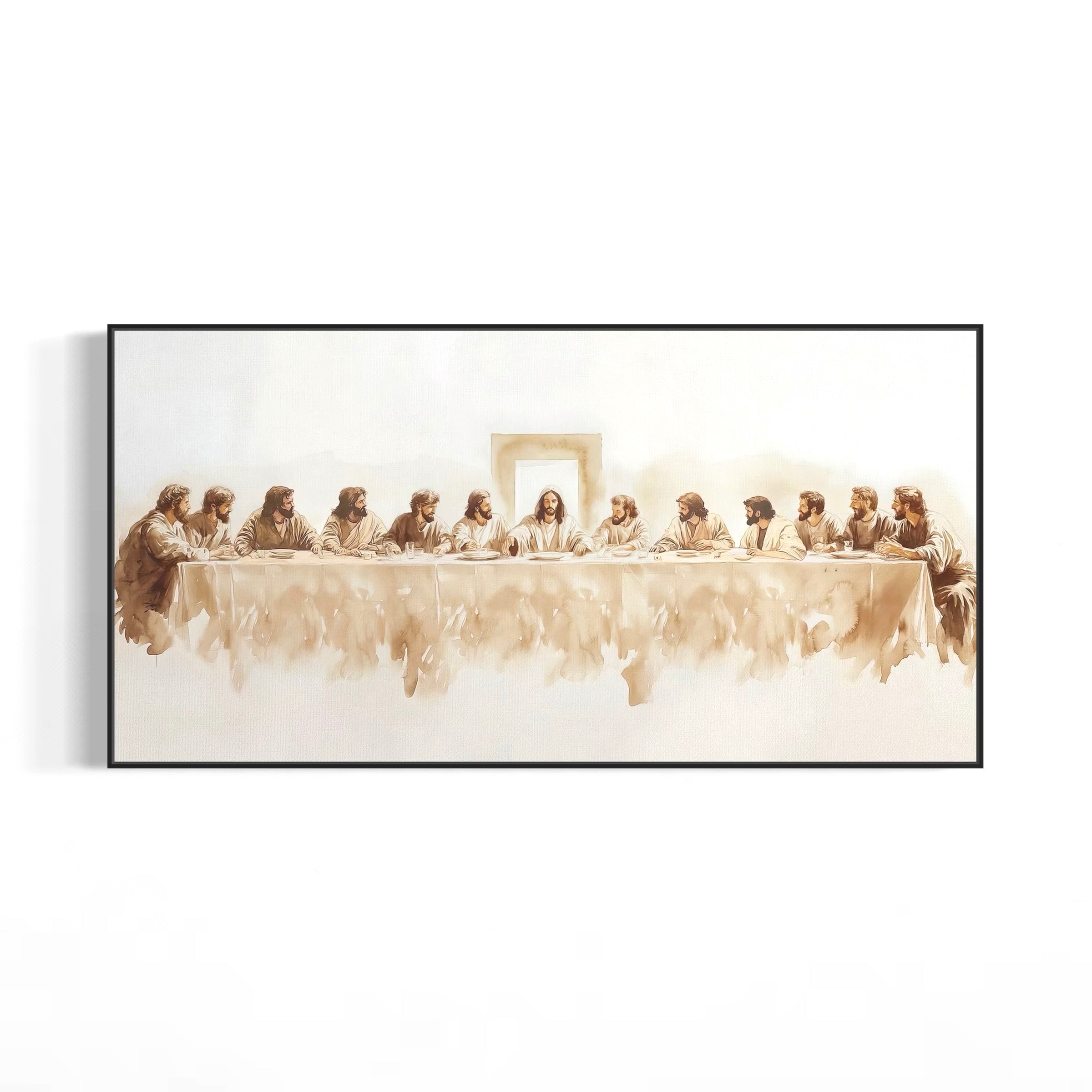 a group of people sitting around a long table, with a central figure, likely Jesus, at the head of the table.