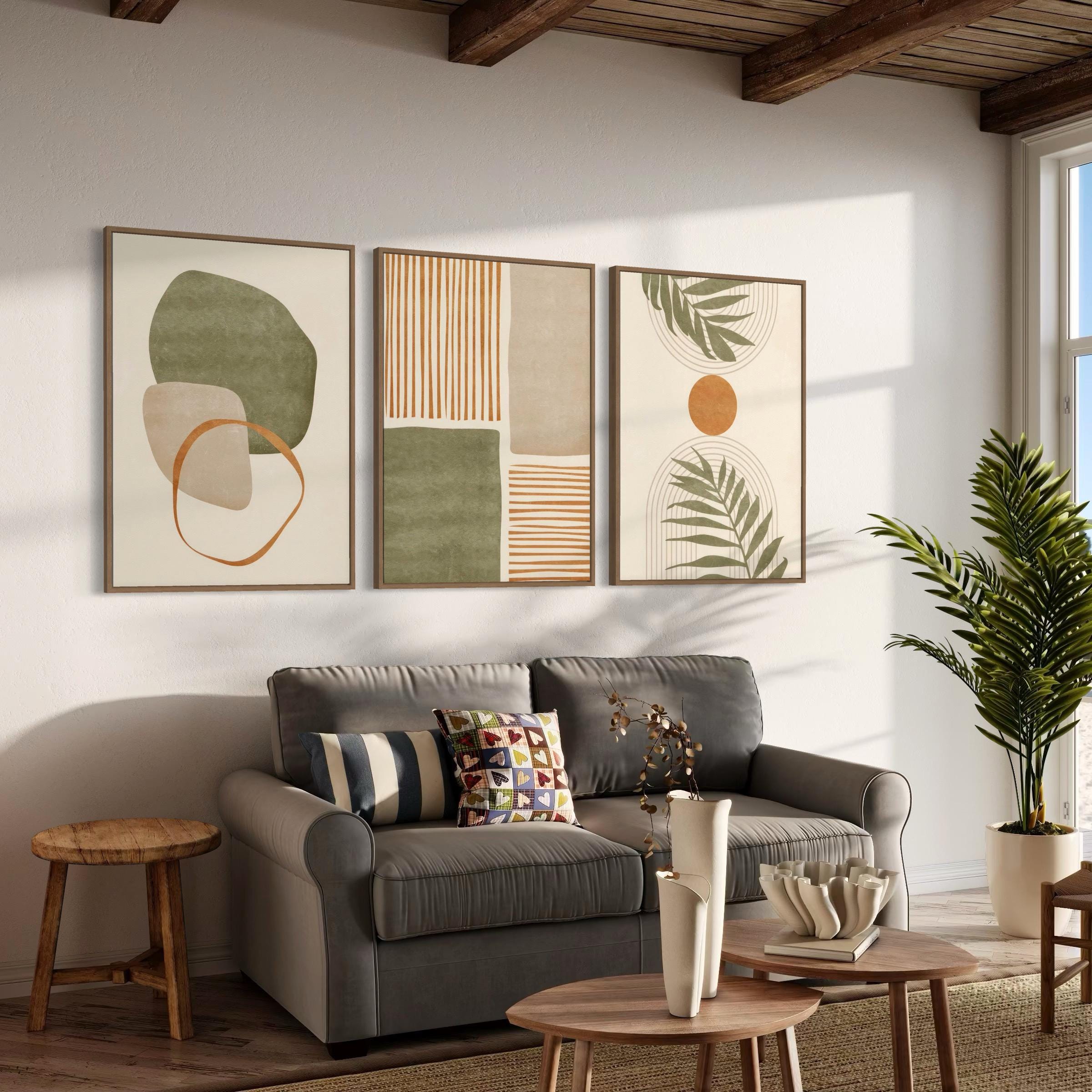 Set of 3 Canvas Wall Art | Poster Prints | Mid Century Modern Minimalist Boho Leaf Decor