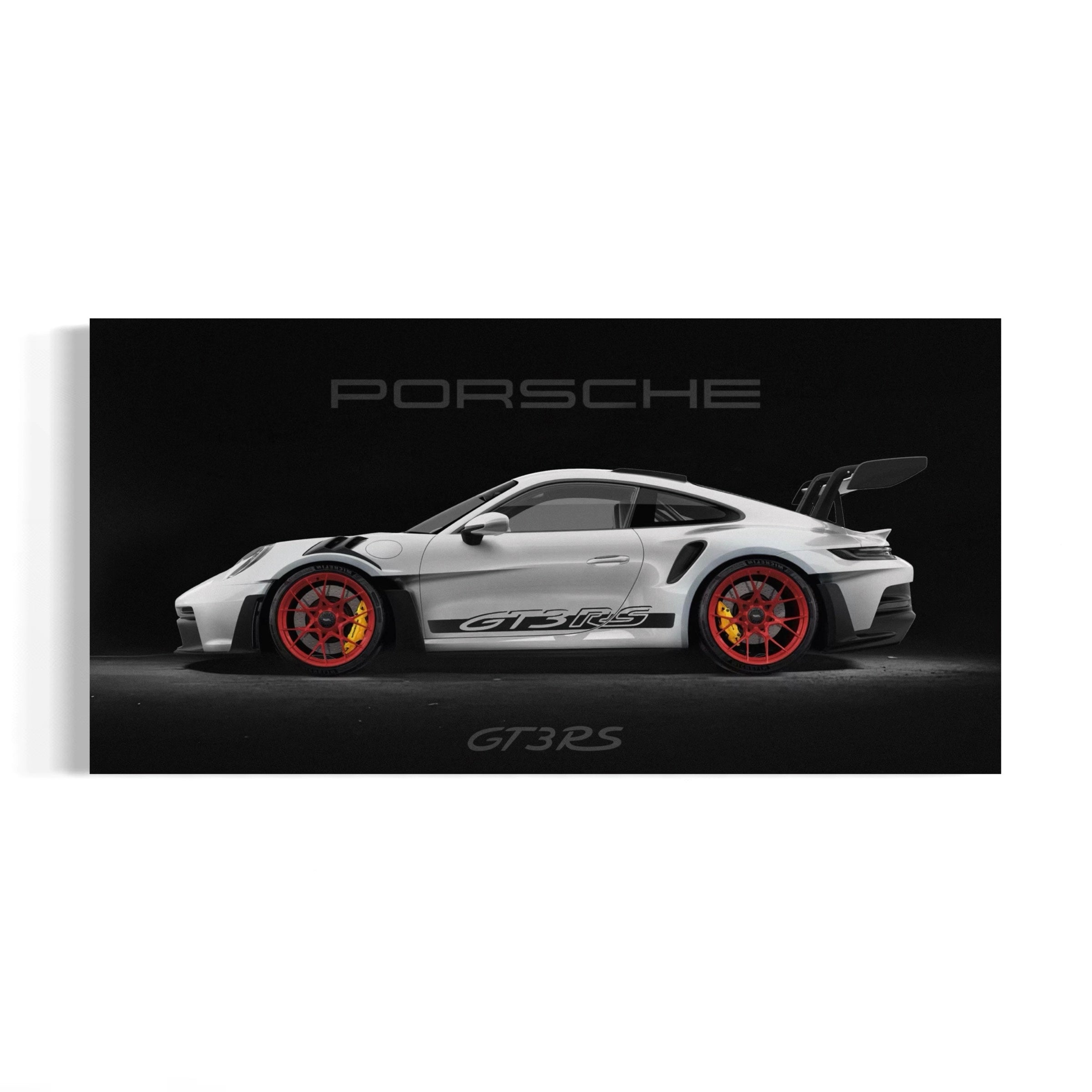 A white Porsche GT3 RS sports car with red wheels is featured prominently in the image.