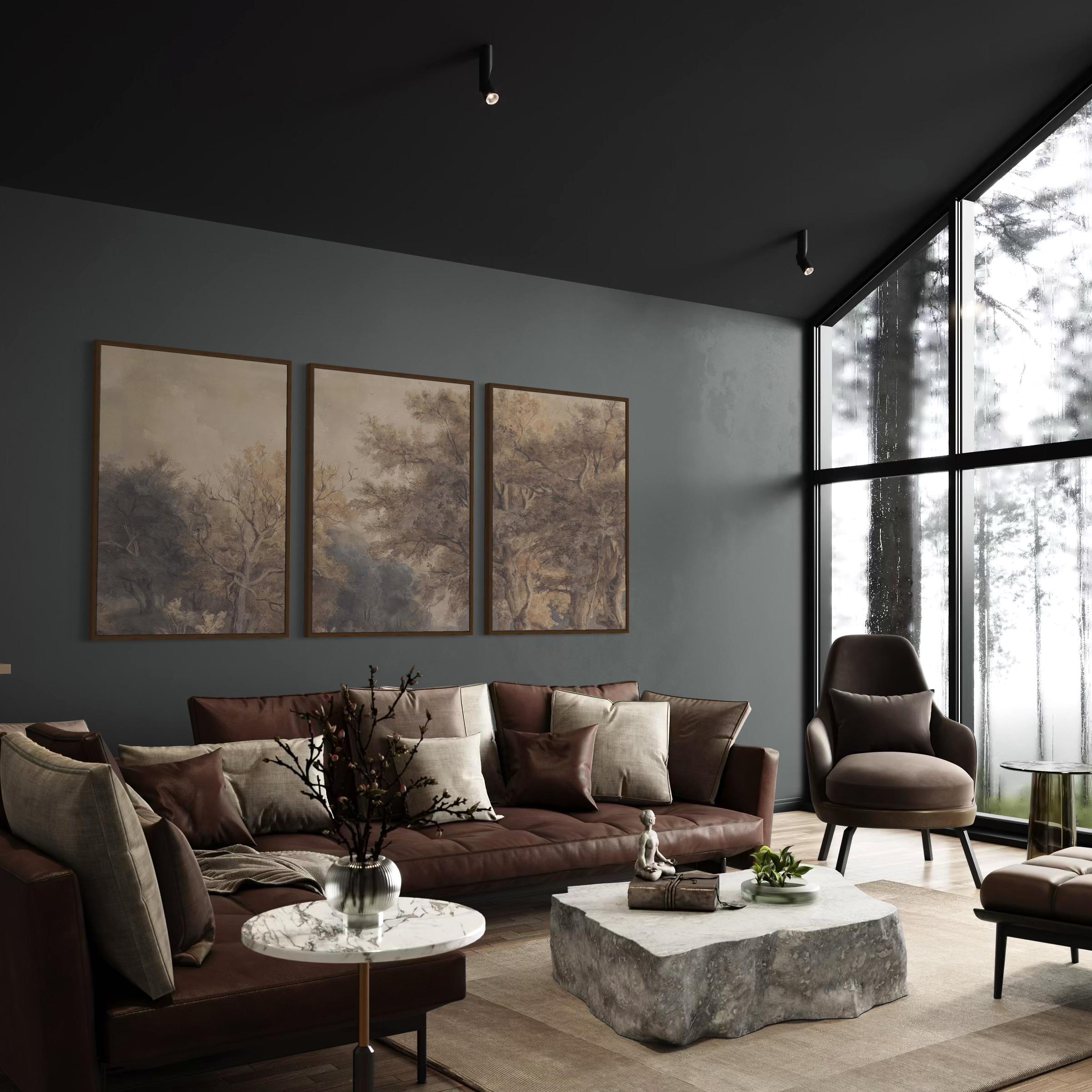 Vintage Forest Wall Art Set of 3 Landscape Canvas Prints | Neutral Woodland Triptych Poster