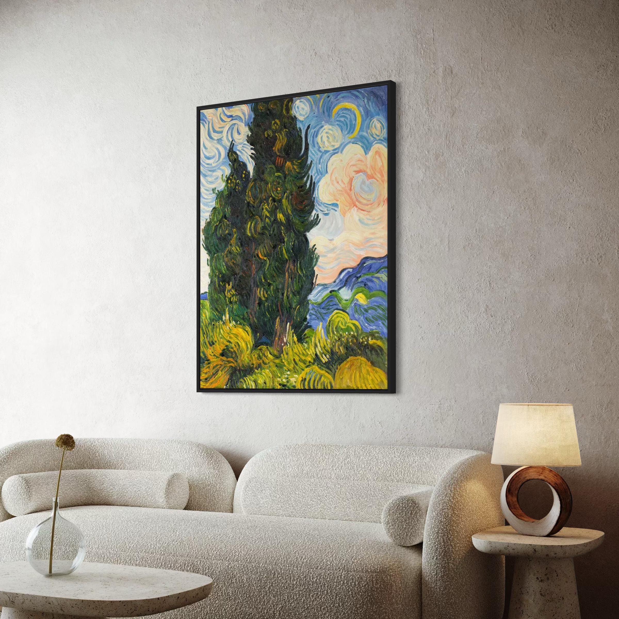 Vincent van Gogh Two Cypresses | Swirling Sky Landscape Canvas Art | Poster Print