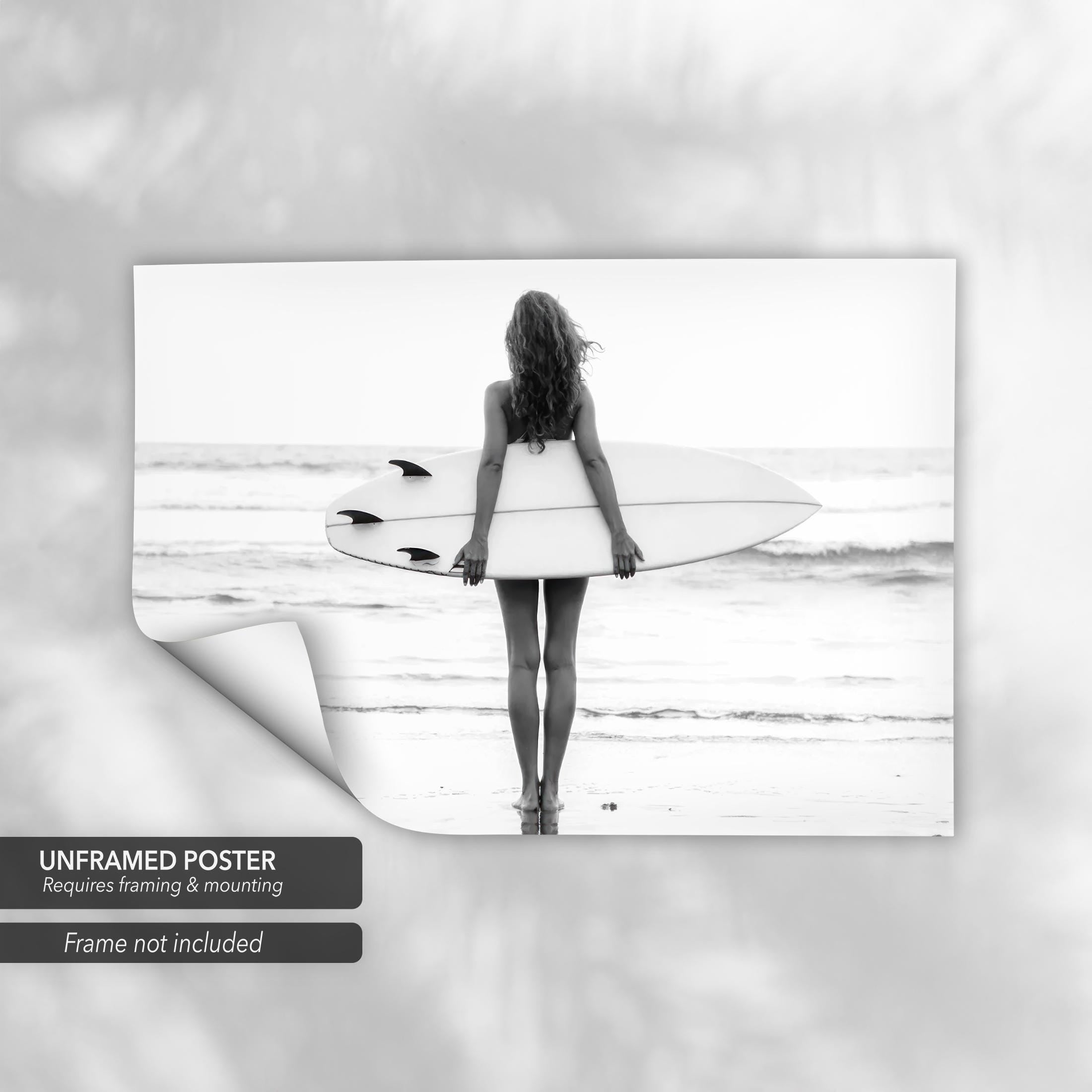 Beach Surf Minimalist Black & White Surfer | Surfboard Ocean Photo Canvas Art | Poster Print