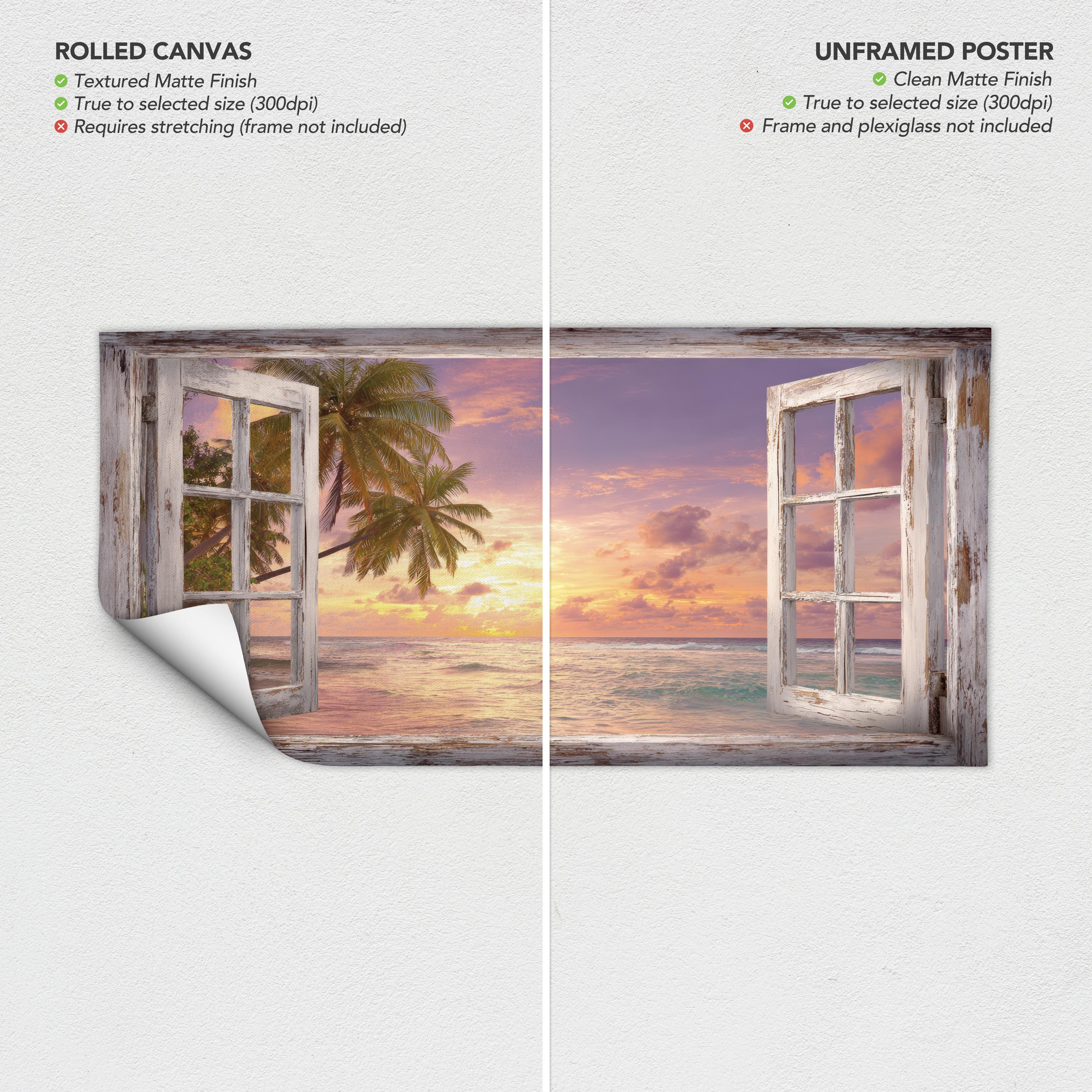 Window View Wall Art Canvas Poster Print | Tropical Beach Sunset | Palm Tree Coastal Art