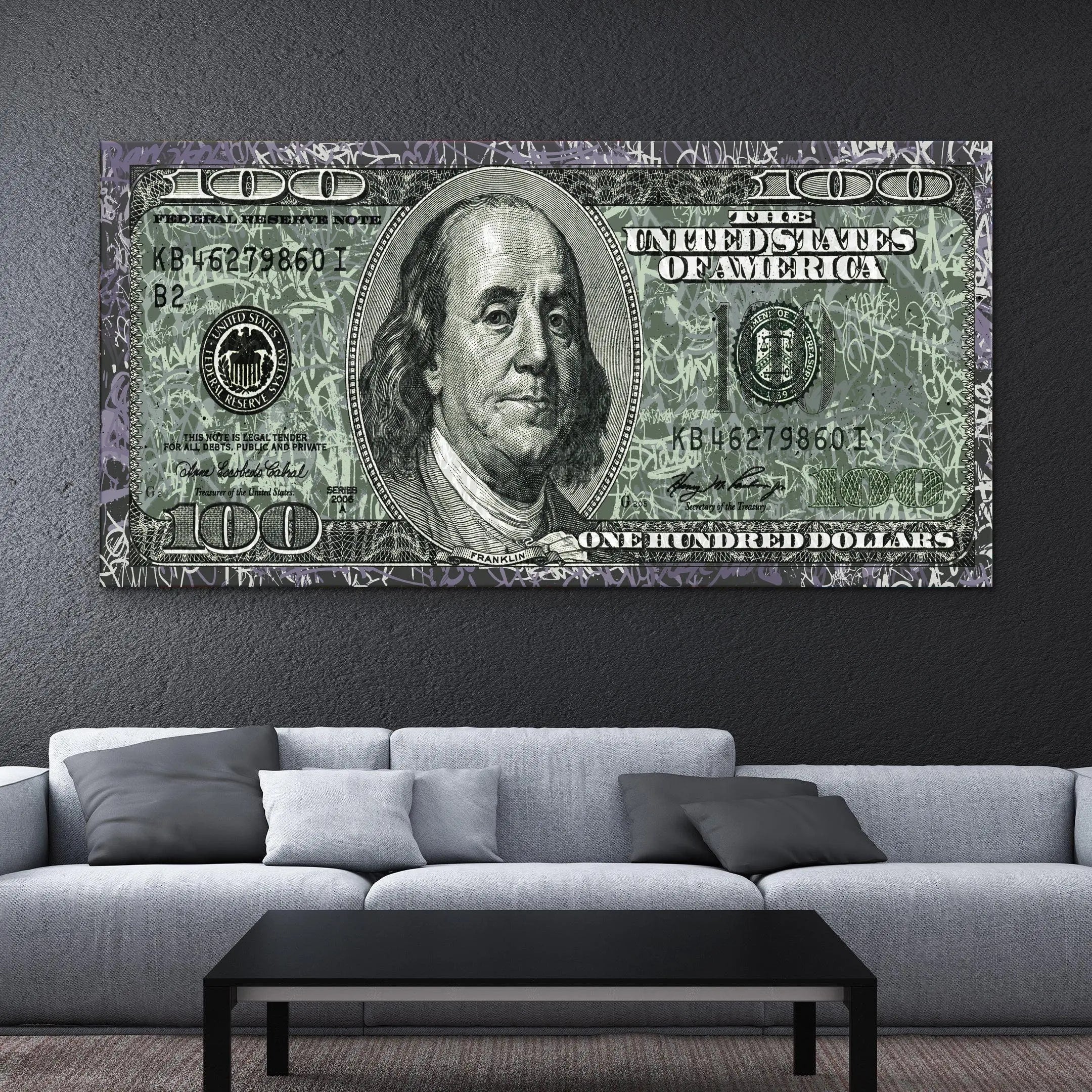 Graffiti UV 100 Dollar Bill Canvas Wall Art | Poster Print - Canvastoria