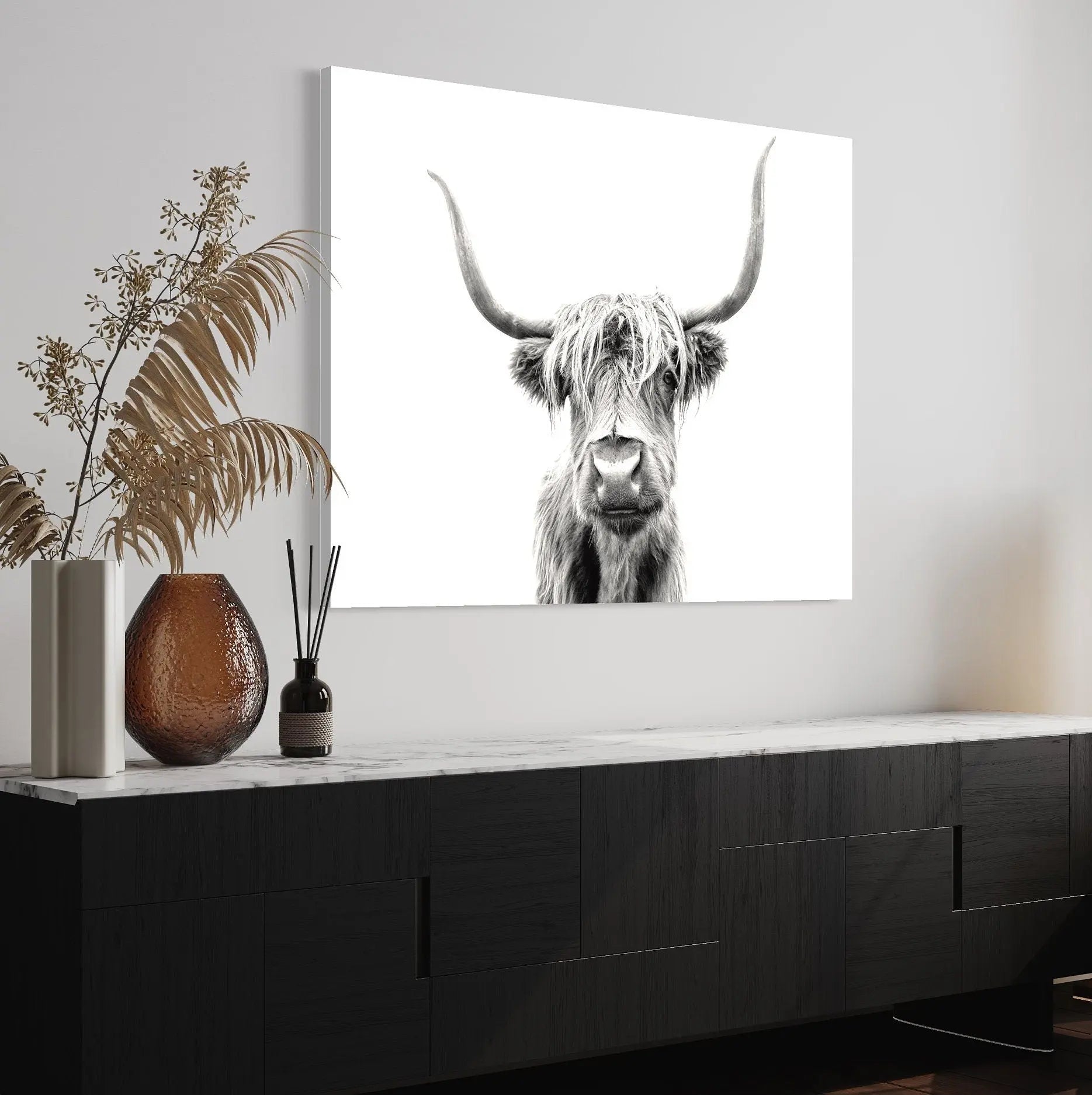 Highland Cow in Black & White Canvas Wall Art | Poster Print Canvastoria