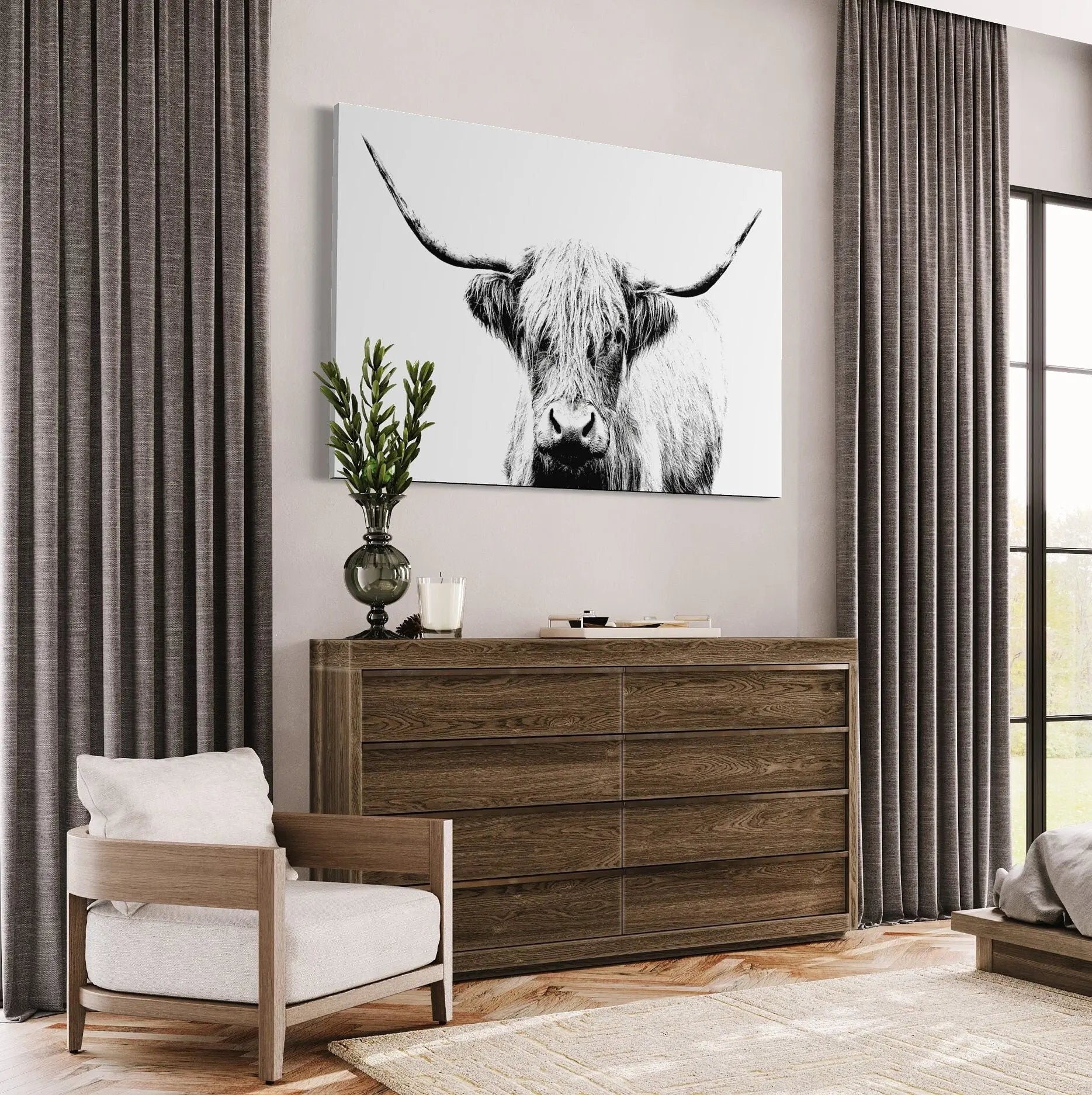 Cow Horn Black & White Art Photo Canvas Wall Art | Poster Print Canvastoria