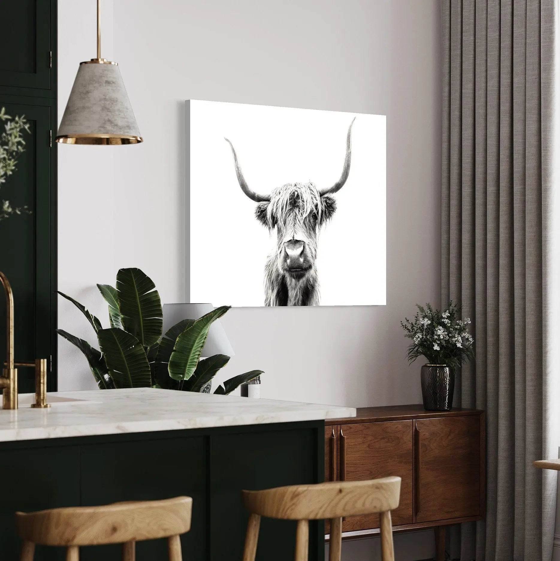 Highland Cow in Black & White Canvas Wall Art | Poster Print Canvastoria