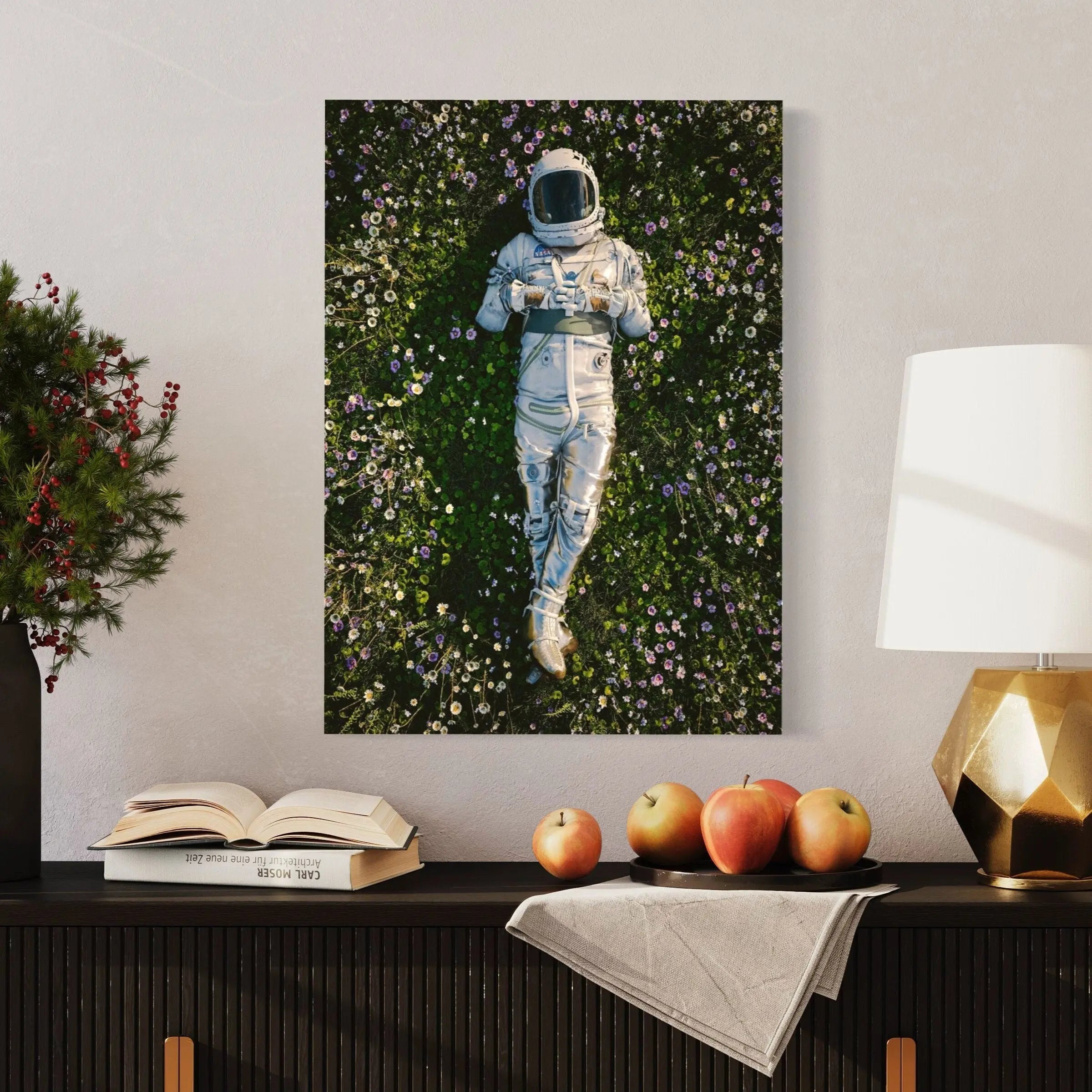 Astro Dreamin Among Flowers Canvas Wall Art | Poster Print Canvastoria