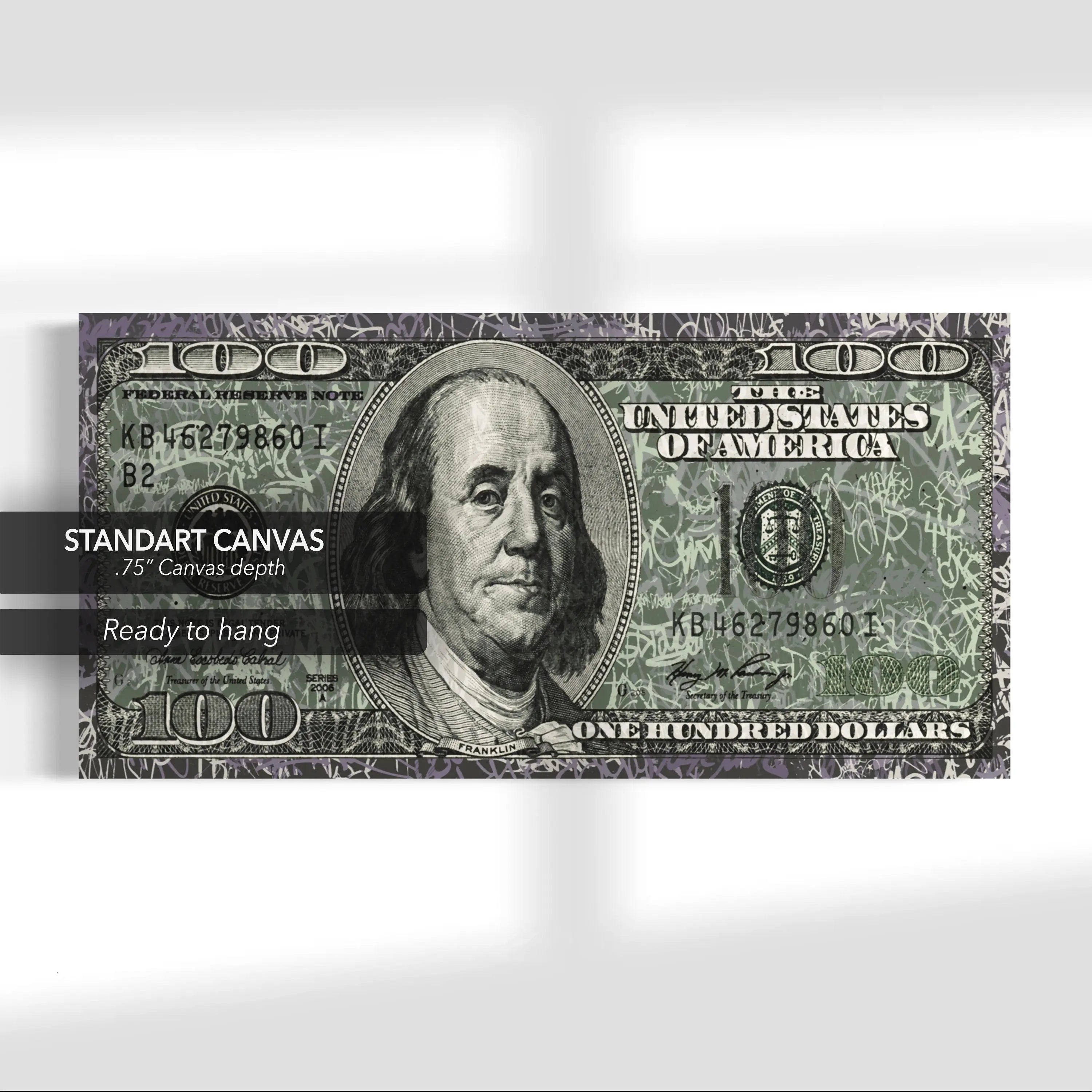 Graffiti UV 100 Dollar Bill Canvas Wall Art | Poster Print - Canvastoria