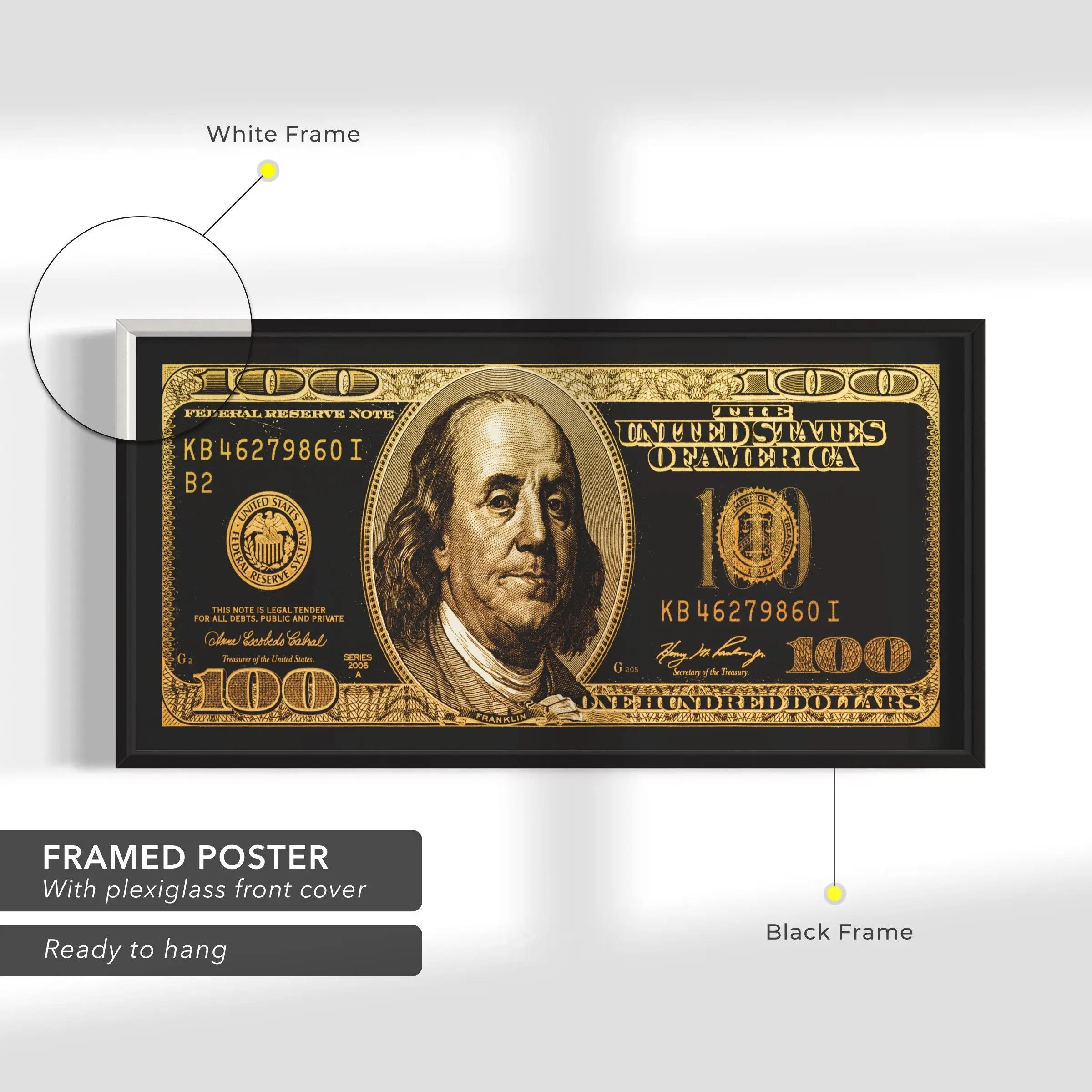 100 Dollar Bill 'Benjamin Gold Standard' Canvas Wall Art | Poster Print Canvastoria