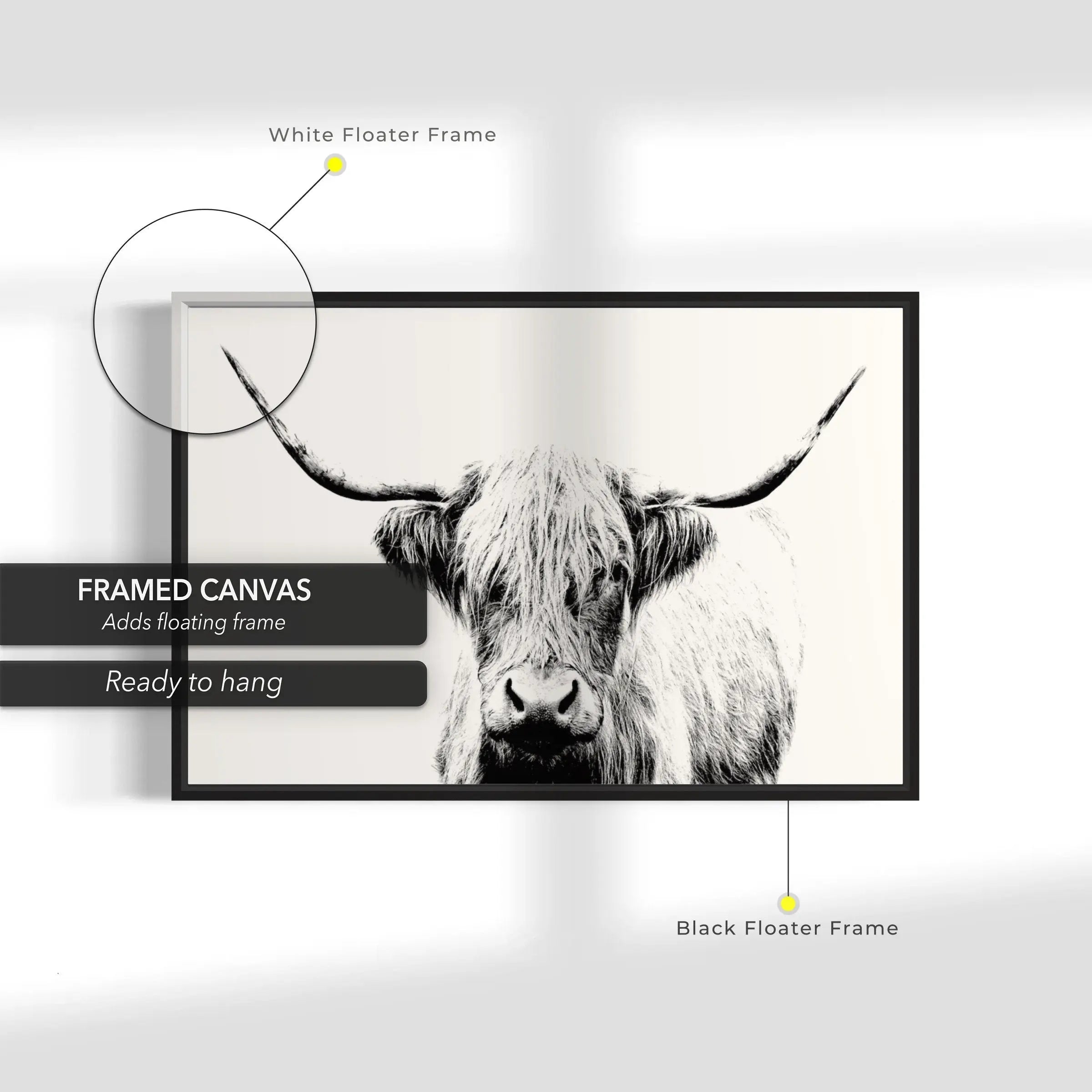 Cow Horn Black & White Art Photo Canvas Wall Art | Poster Print Canvastoria