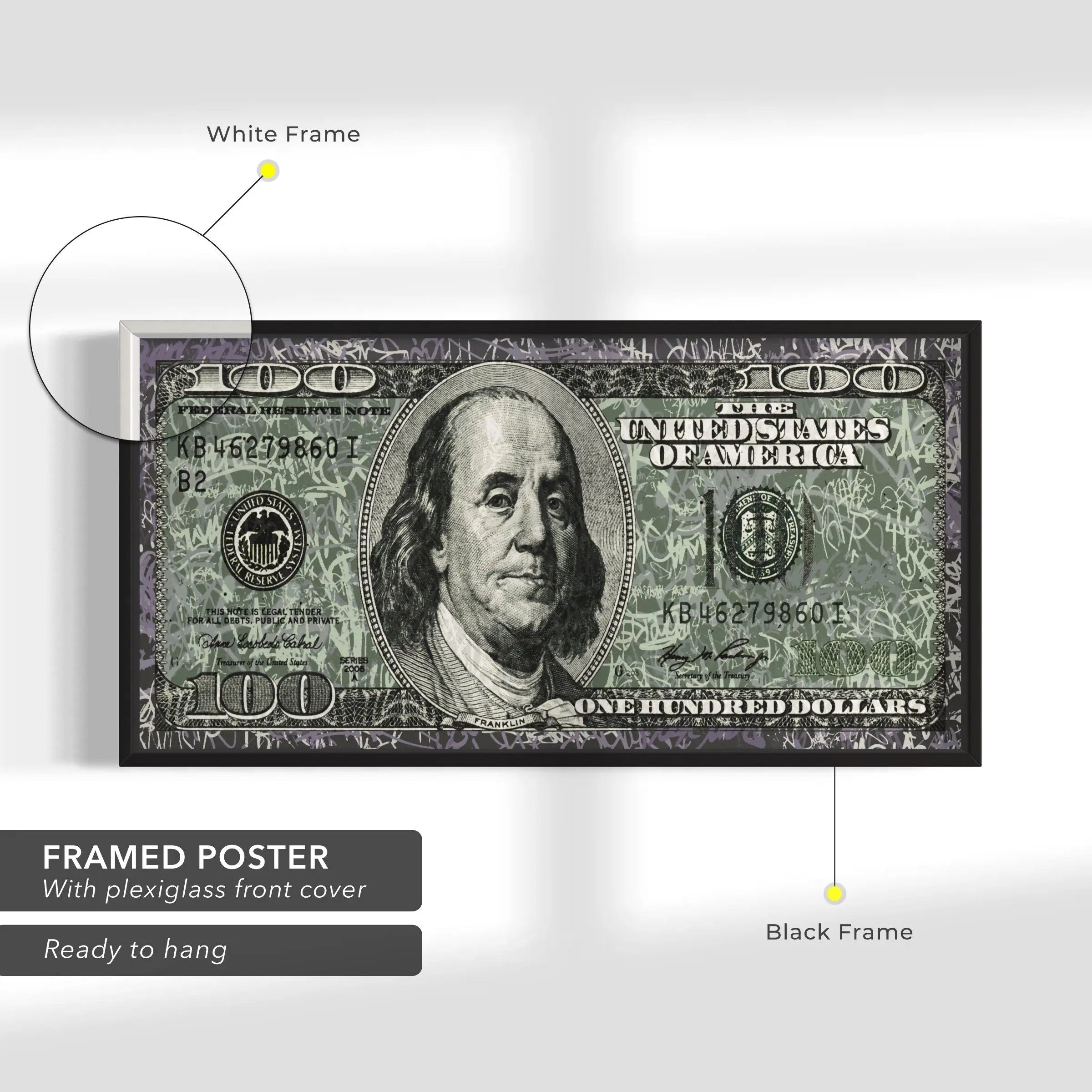 Graffiti UV 100 Dollar Bill Canvas Wall Art | Poster Print - Canvastoria
