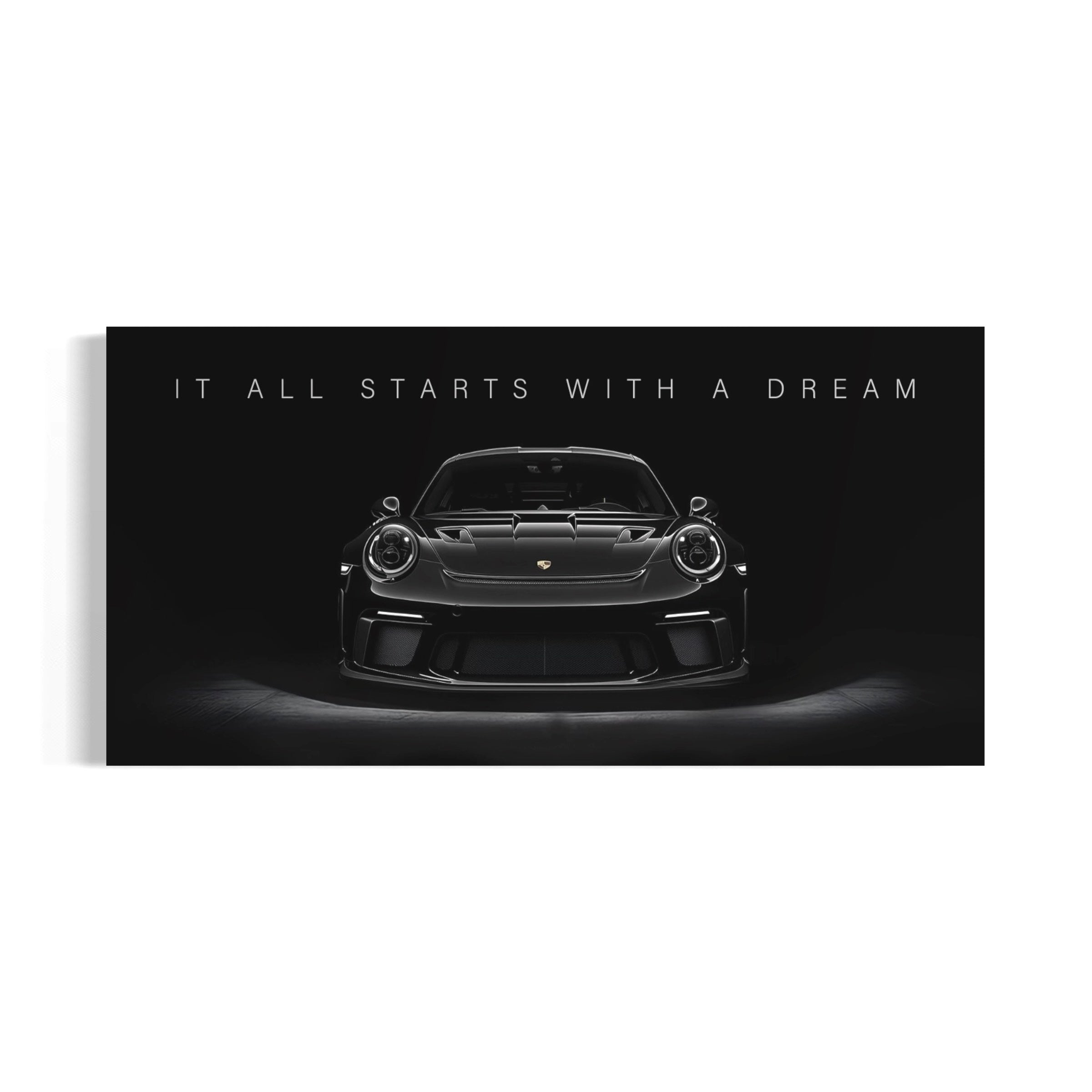 A sleek, black sports car is prominently featured in the center of the image, with the text "IT ALL STARTS WITH A DREAM" displayed above it.