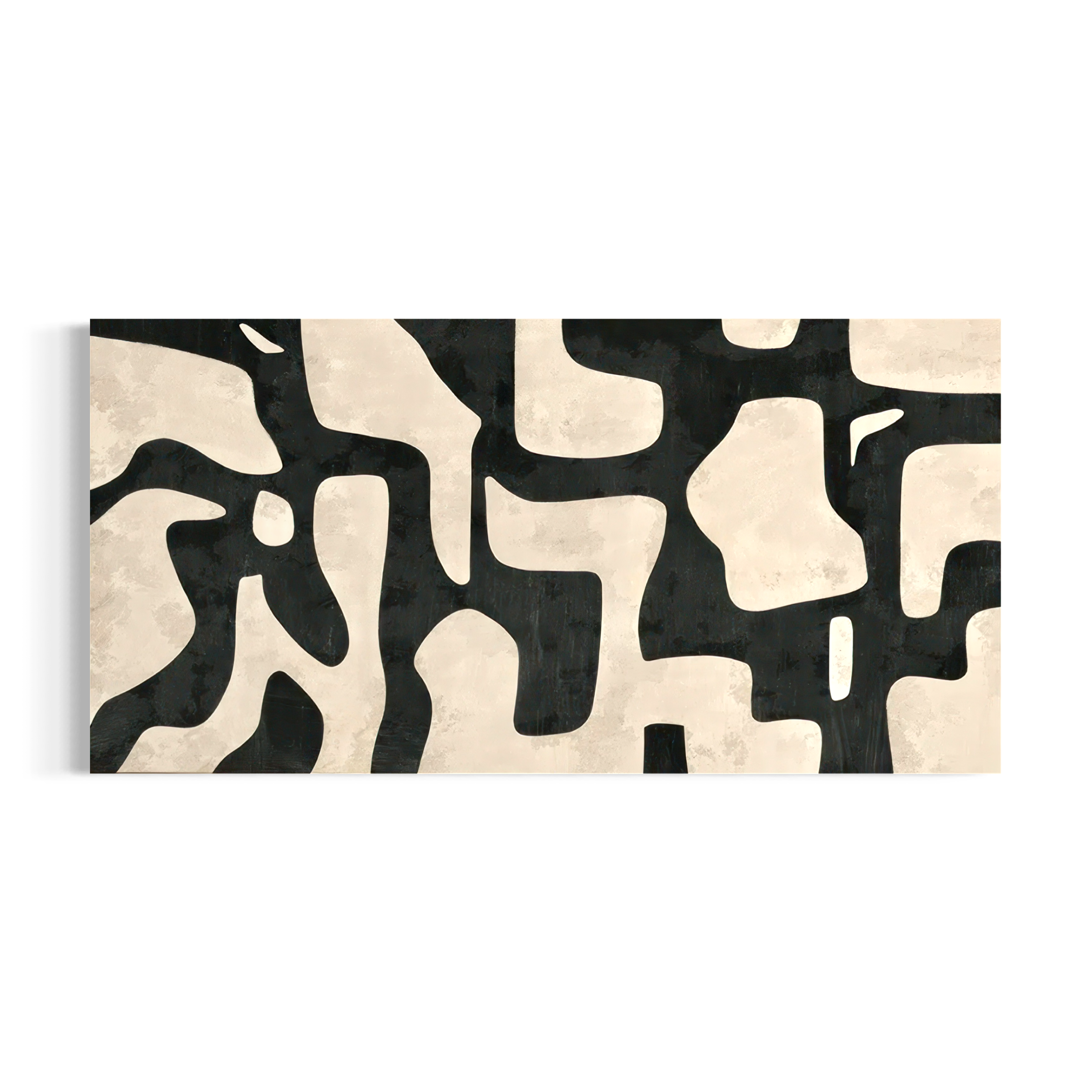 The image is a black and white abstract artwork with a geometric pattern of shapes and lines.