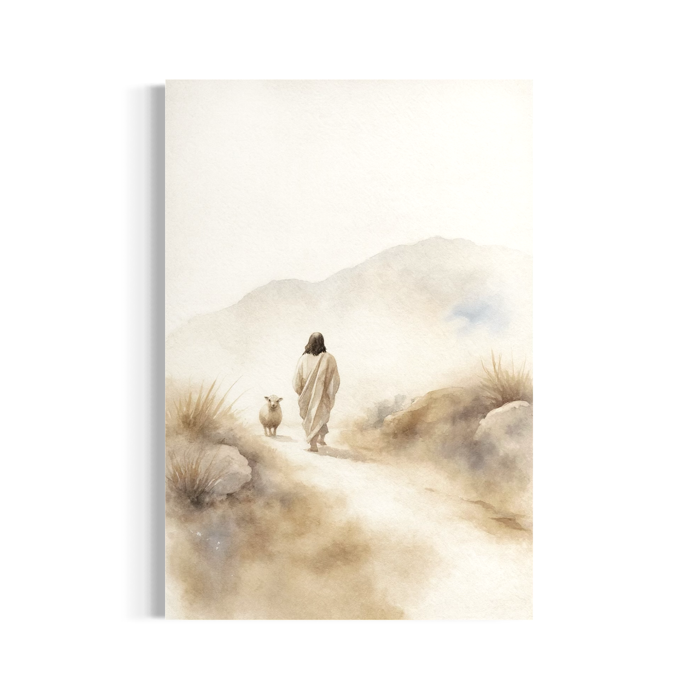 A person in a white robe walks along a dirt path, accompanied by a small animal, in a serene landscape with mountains in the background.