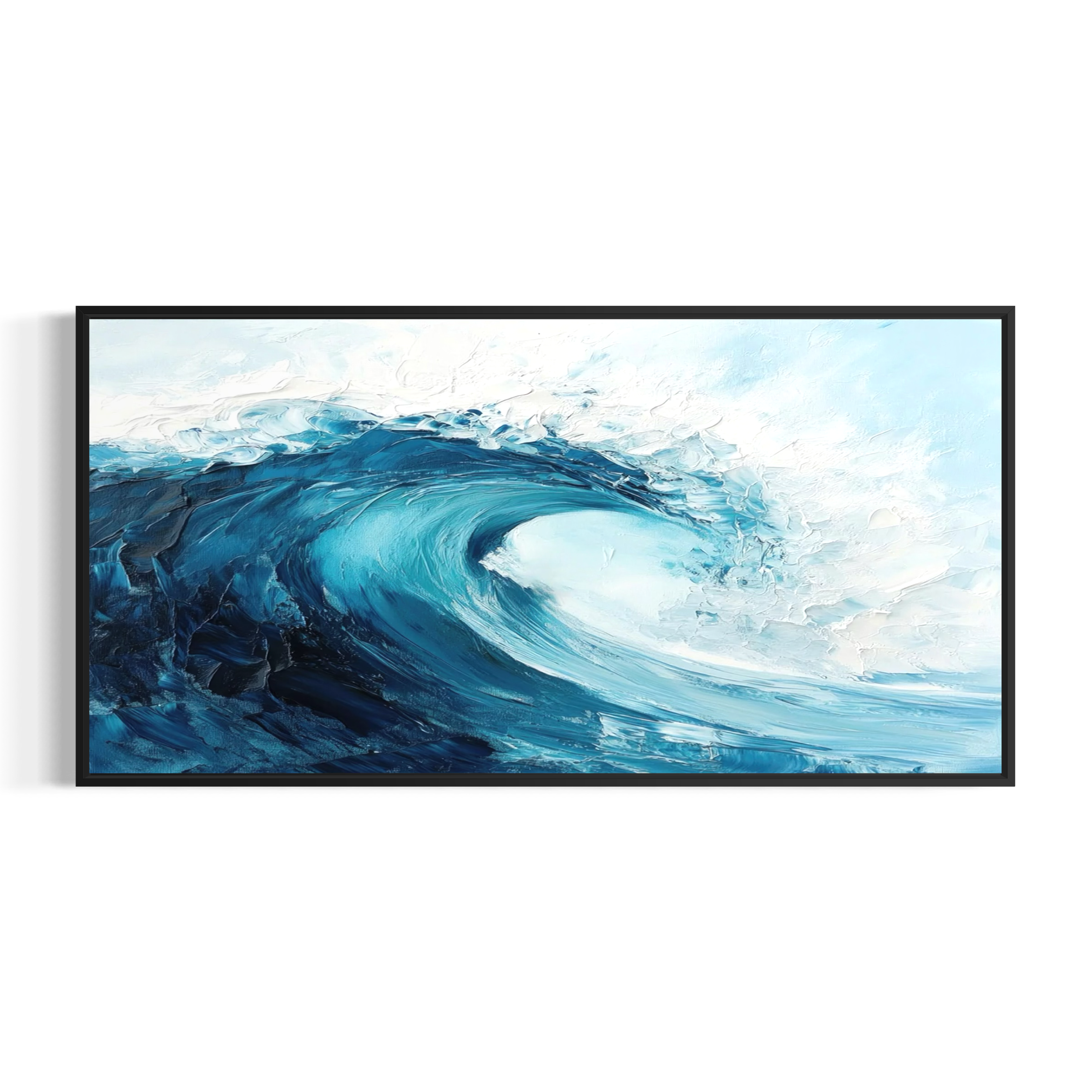 a large, powerful wave crashing against the shore, with the water in shades of blue and white creating a dramatic and captivating scene.