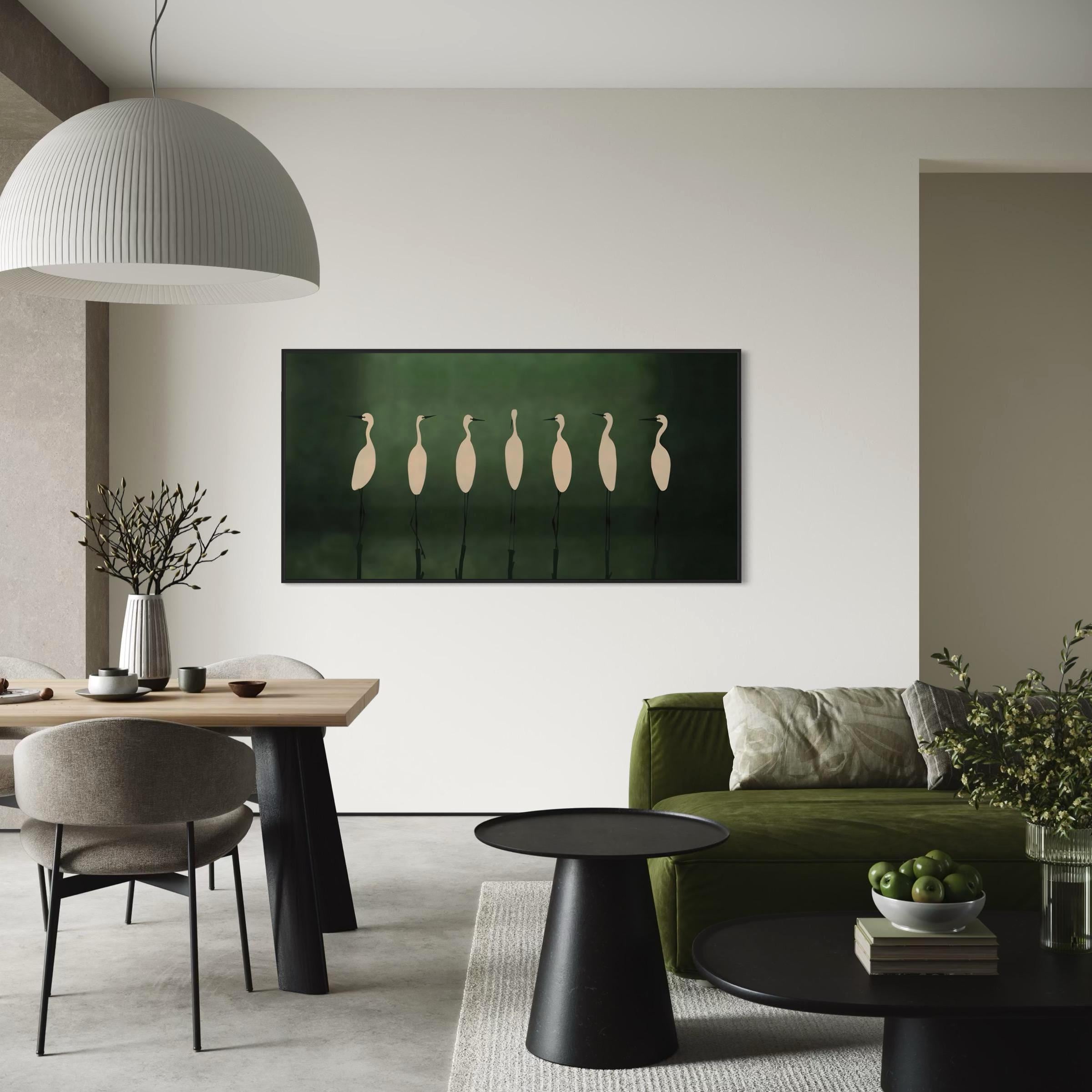 Large Heron Crane Minimalist Wall Art Canvas | Elegant White Birds on Deep Green Poster Print