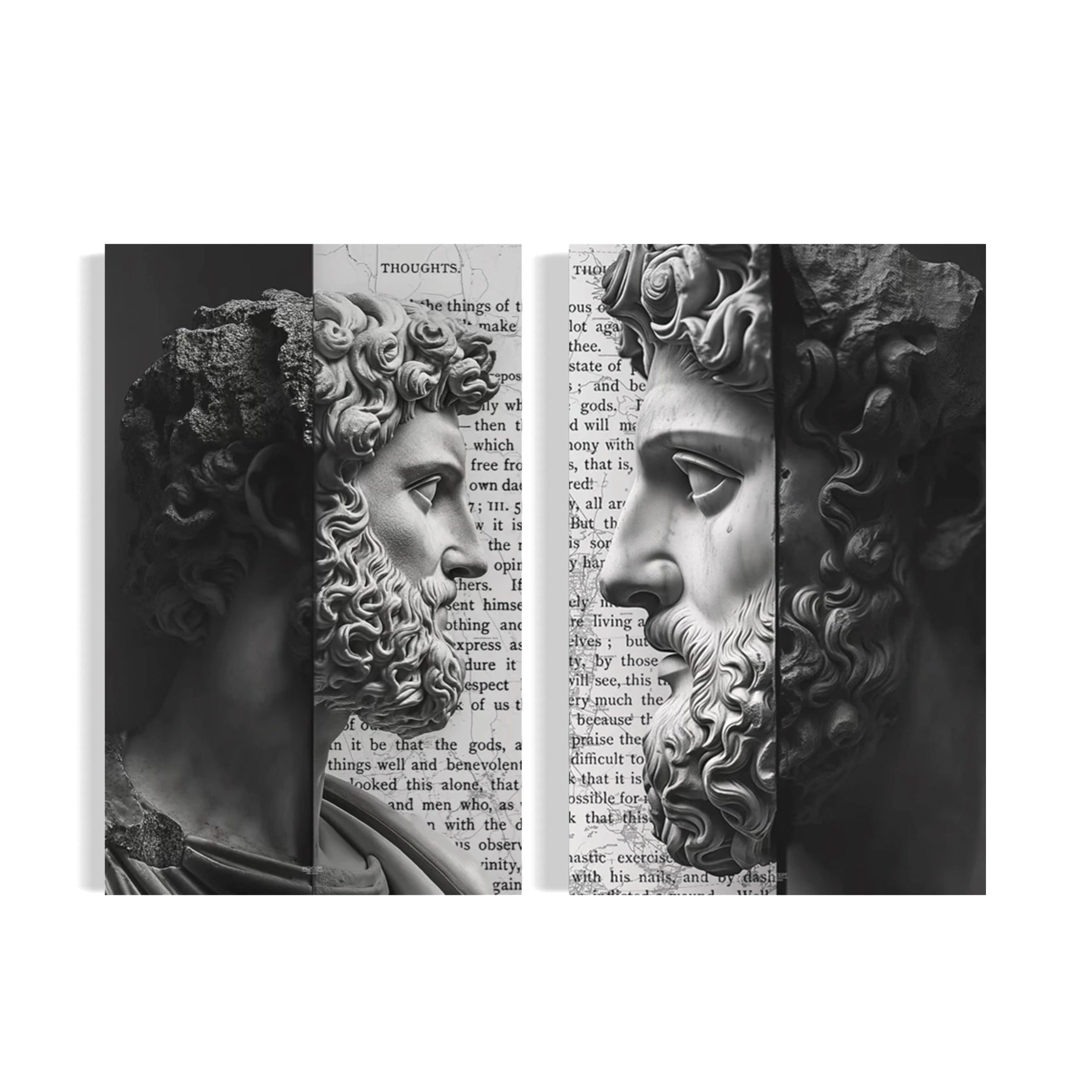 The image is a black and white collage featuring two close-up portraits of a bearded man, with text from a book or document partially visible in the background.