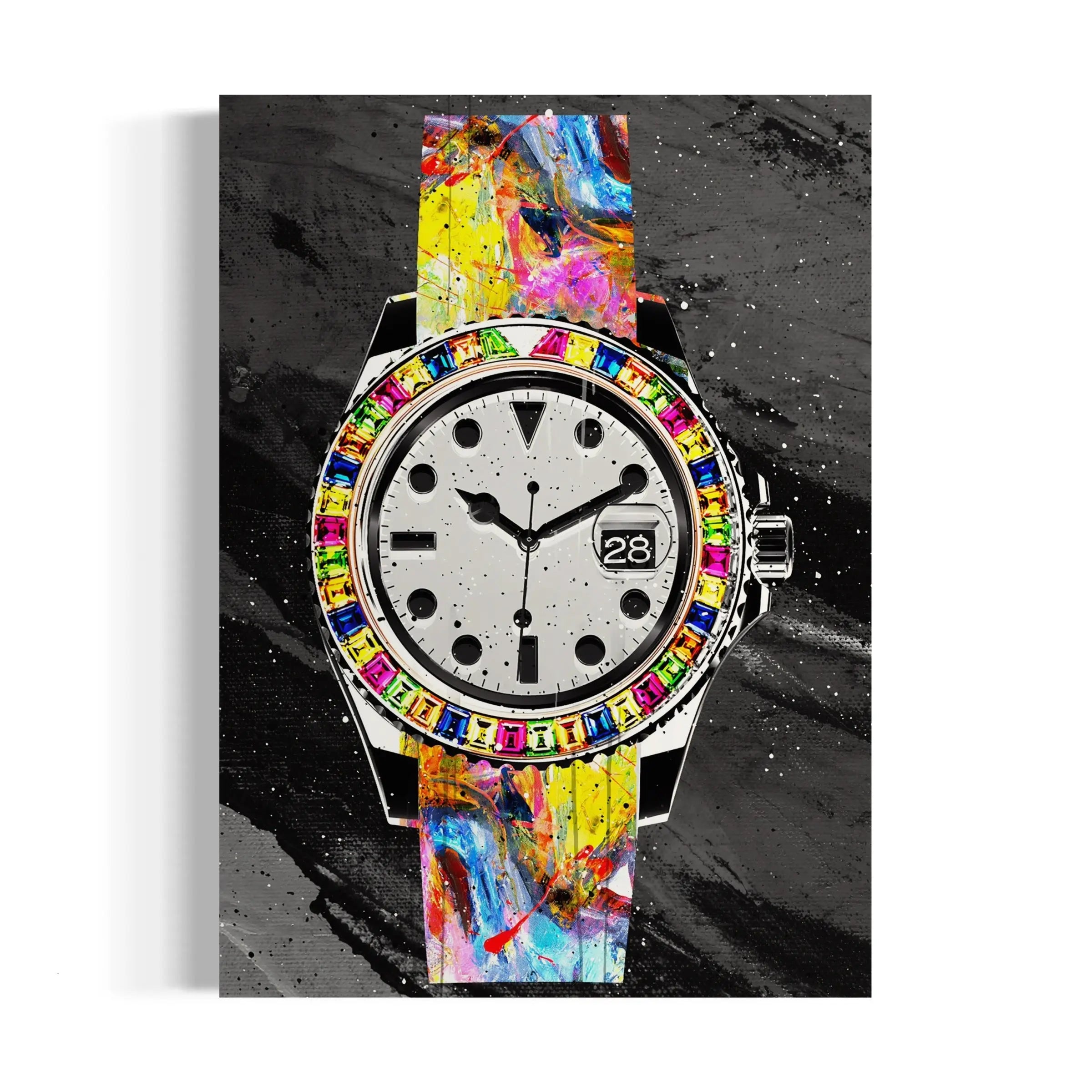 a watch with a multicolored face on a black background