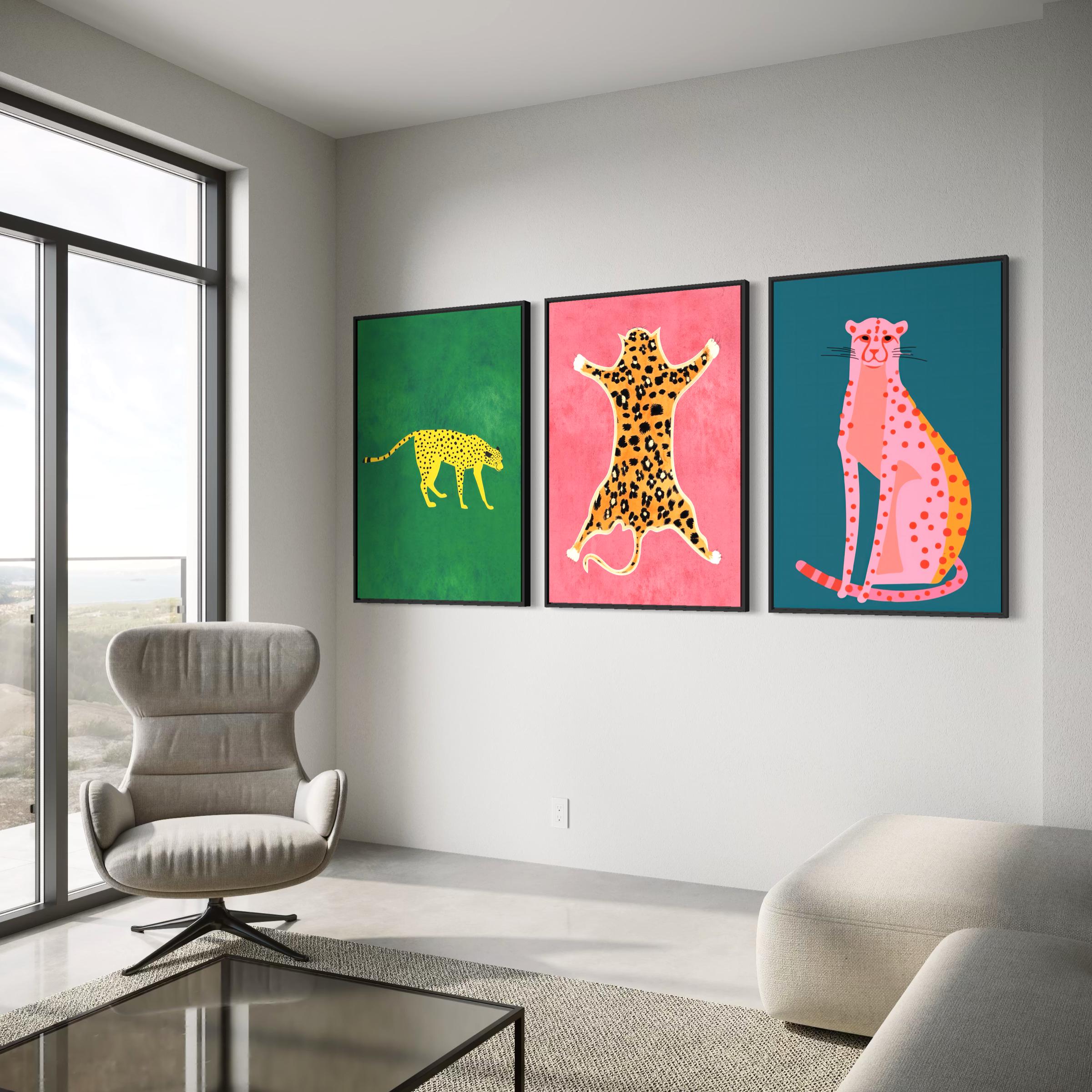 Set of 3 Prints Cheetah Cats Animal | Modern Boho Preppy Poster | Canvas Wall Art