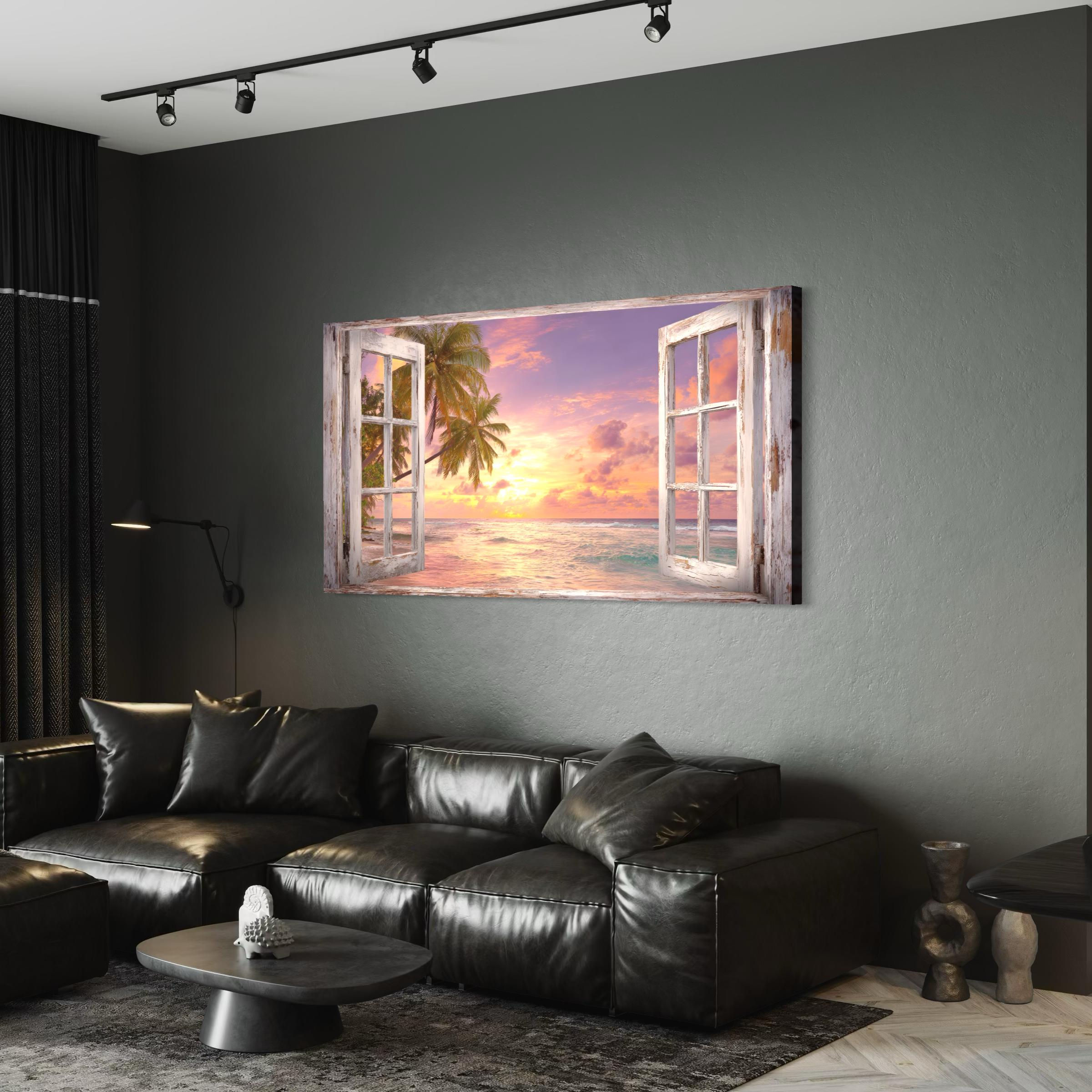 Window View Wall Art Canvas Poster Print | Tropical Beach Sunset | Palm Tree Coastal Art