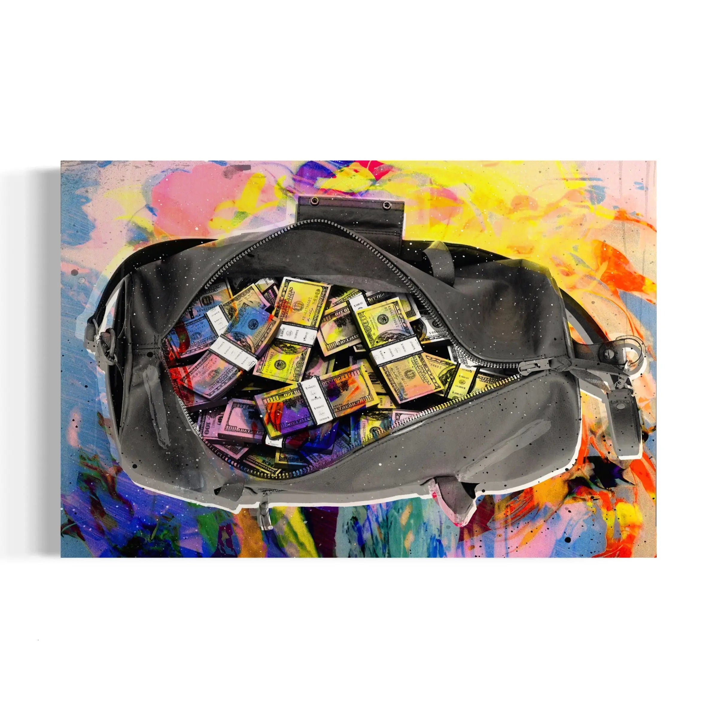 a black purse filled with money sitting on top of a painting