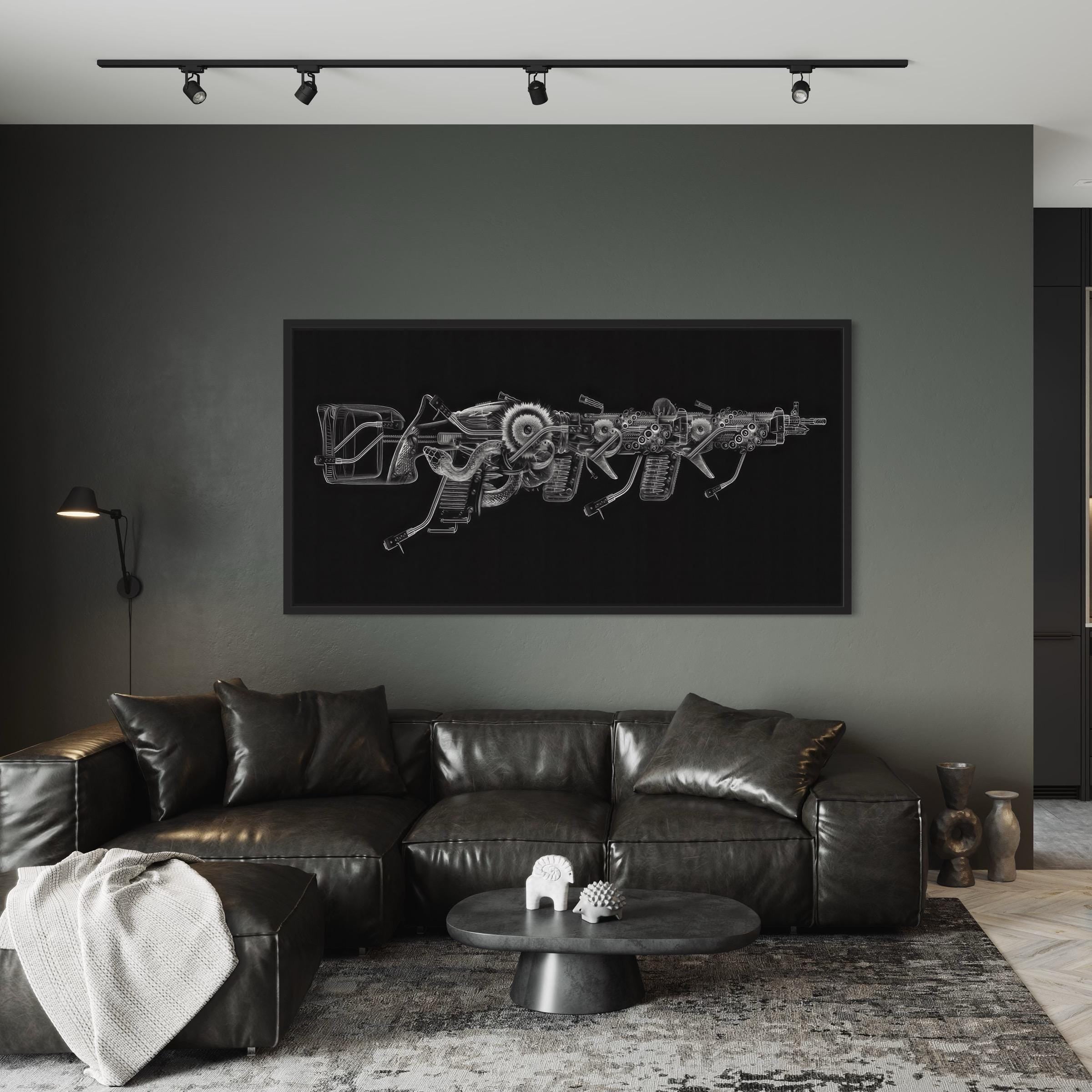 Mechanical Gun Blueprint Futuristic Weapon Schematic | Canvas Art | Poster Print