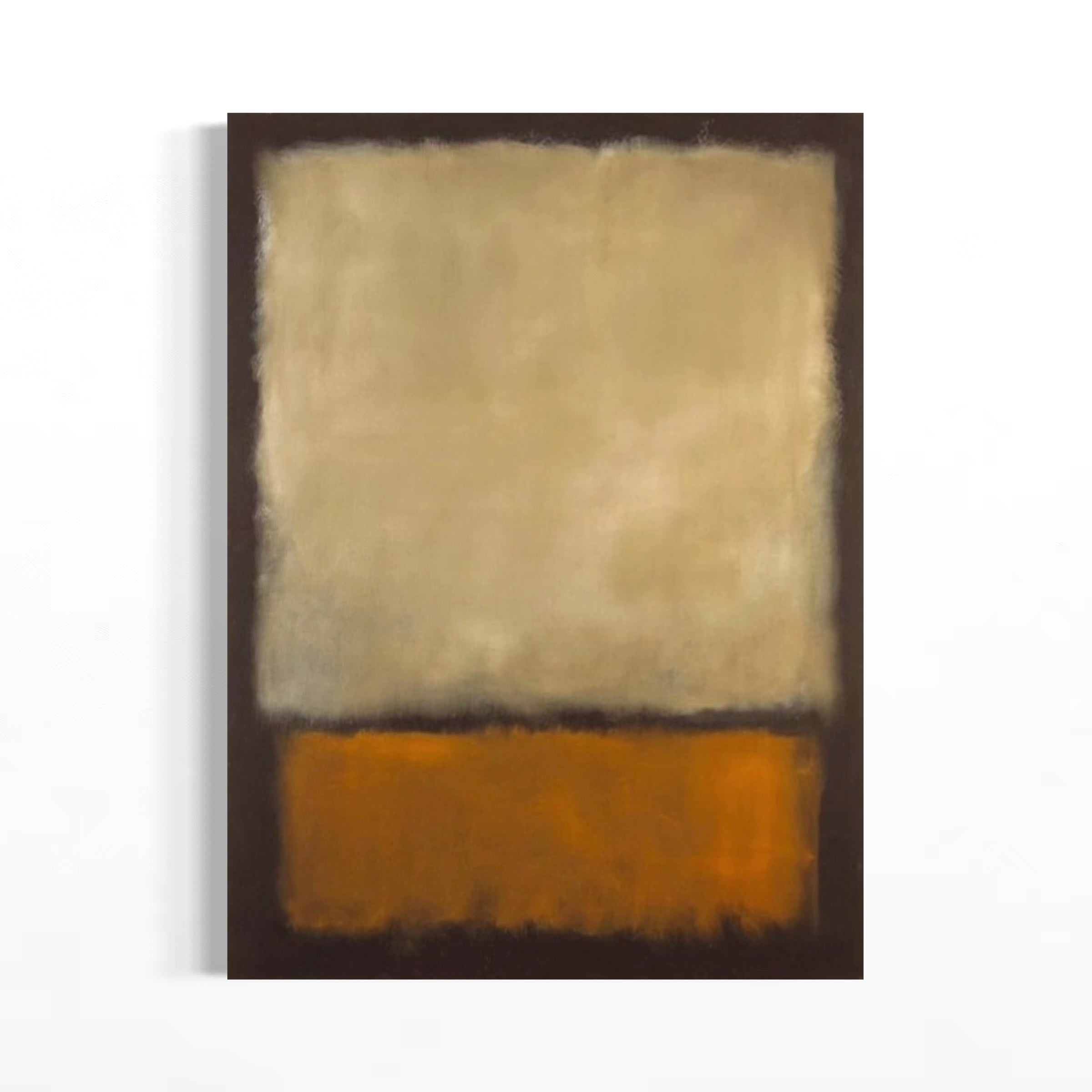 The image is a rectangular abstract painting with a black frame and a large white square in the center. The square is filled with a gradient of colors, transitioning from white to orange.