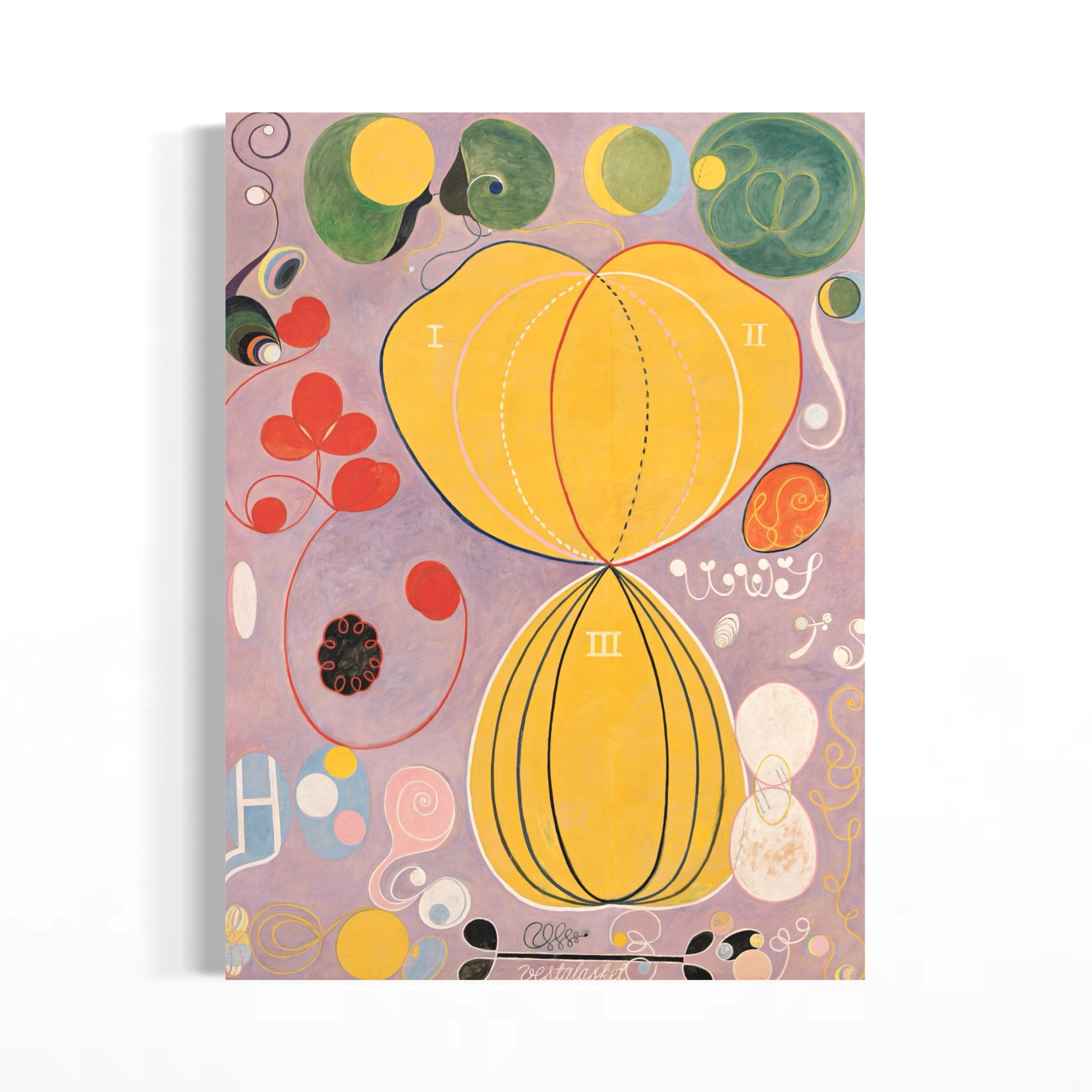 The image is a vibrant abstract painting featuring a variety of shapes, lines, and colors. The composition includes a large yellow circle, a red heart, and several other abstract shapes and patterns. The painting is a lively and dynamic display of artistic expression, with a focus on the interplay of colors and shapes.