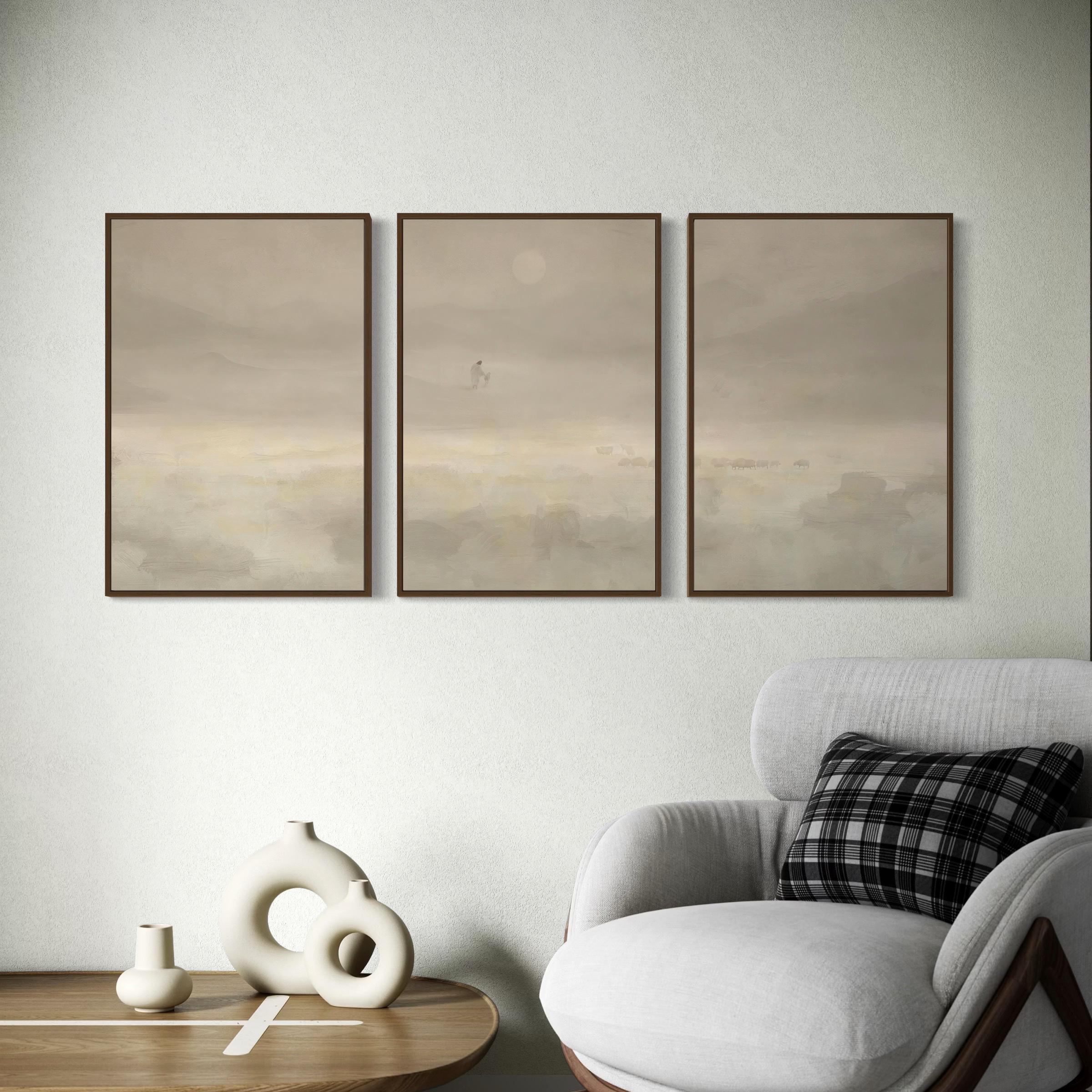 Jesus & Sheep Set of 3 Wall Art Canvas | Framed Poster Prints | Minimalist Christian Pastoral